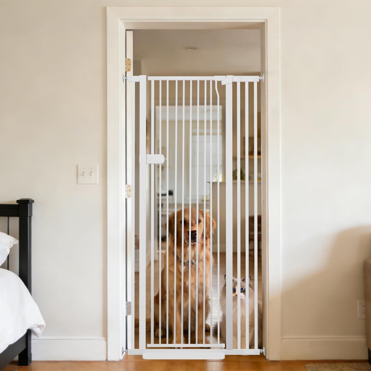 Photo 1 of Lumizone Extra Tall Cat Gate 61.02" High Pressure Mounted 29.92"-38.38" Extra Wide 1.37" Gap No Drilling Auto-Close One-Handed Operation Tall Pet Gate for Dogs(White, 61.02" H x 29.92"-38.38" W)