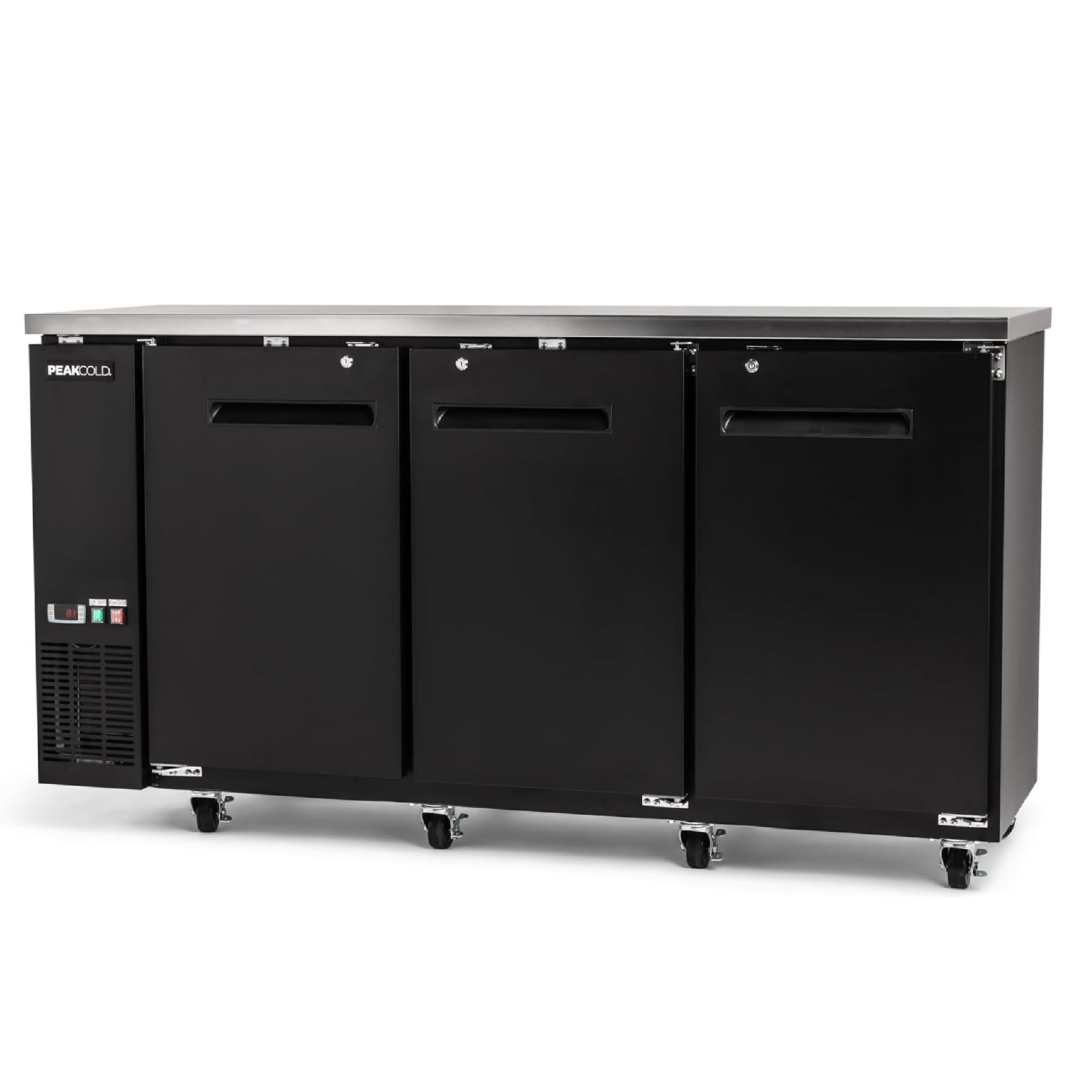 PEAKCOLD 3-Door Counter Height Beverage Refrigerator - 73" Wide Energy Efficient Solid Black Beer Cooler & Bar Fridge With White LED Lighting - Commercial Back Bar Cooler | Fridge.com