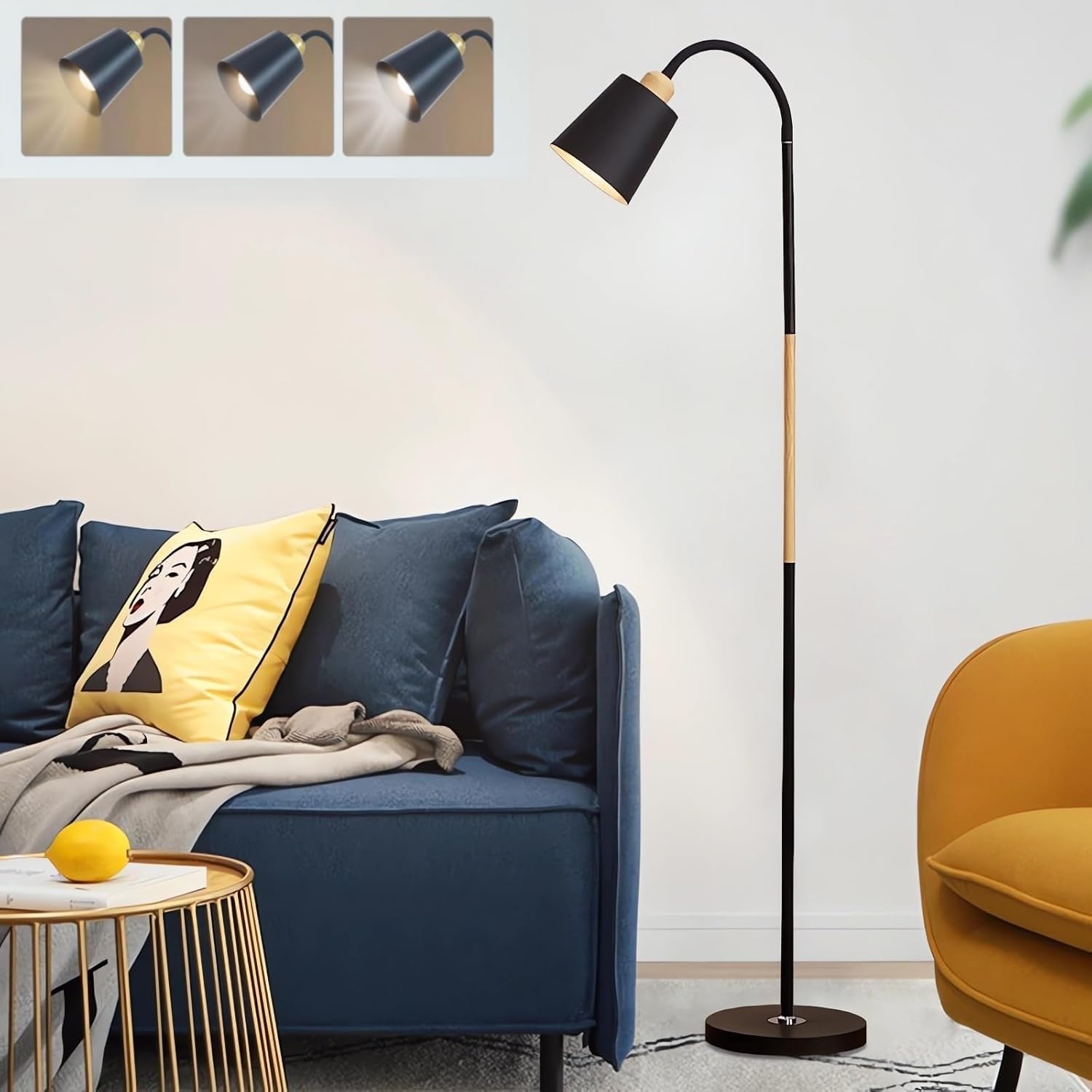 Floor Lamp for Living Room, 3 Color Dimmable Modern Standing Lamp with Bulb, Adjustable Tall Floor Lights for Living Room, Bedroom, Office, Black