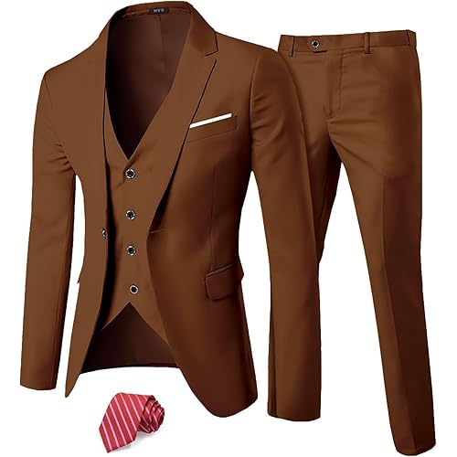 MY'S Men's 3 Piece Suit Set with Tie, One Button Slim Fit Solid Jacket Vest Pants, Prom Party Wedding Business Suits for Men