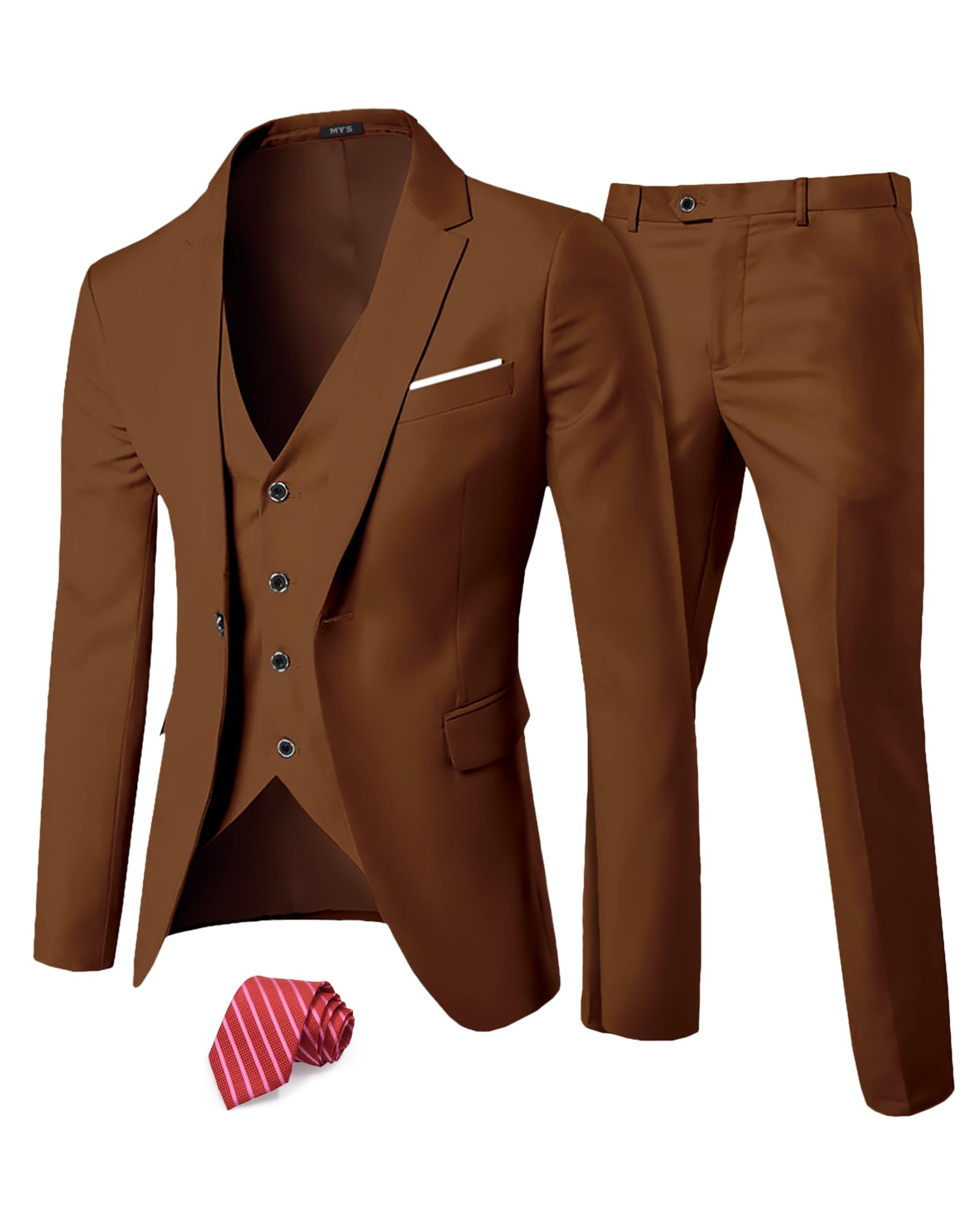 MY'S Men's 3 Piece Suit Blazer Slim Fit One Button Notch Lapel Dress Business Wedding Party Jacket Vest Pants & Tie Set Khaki
