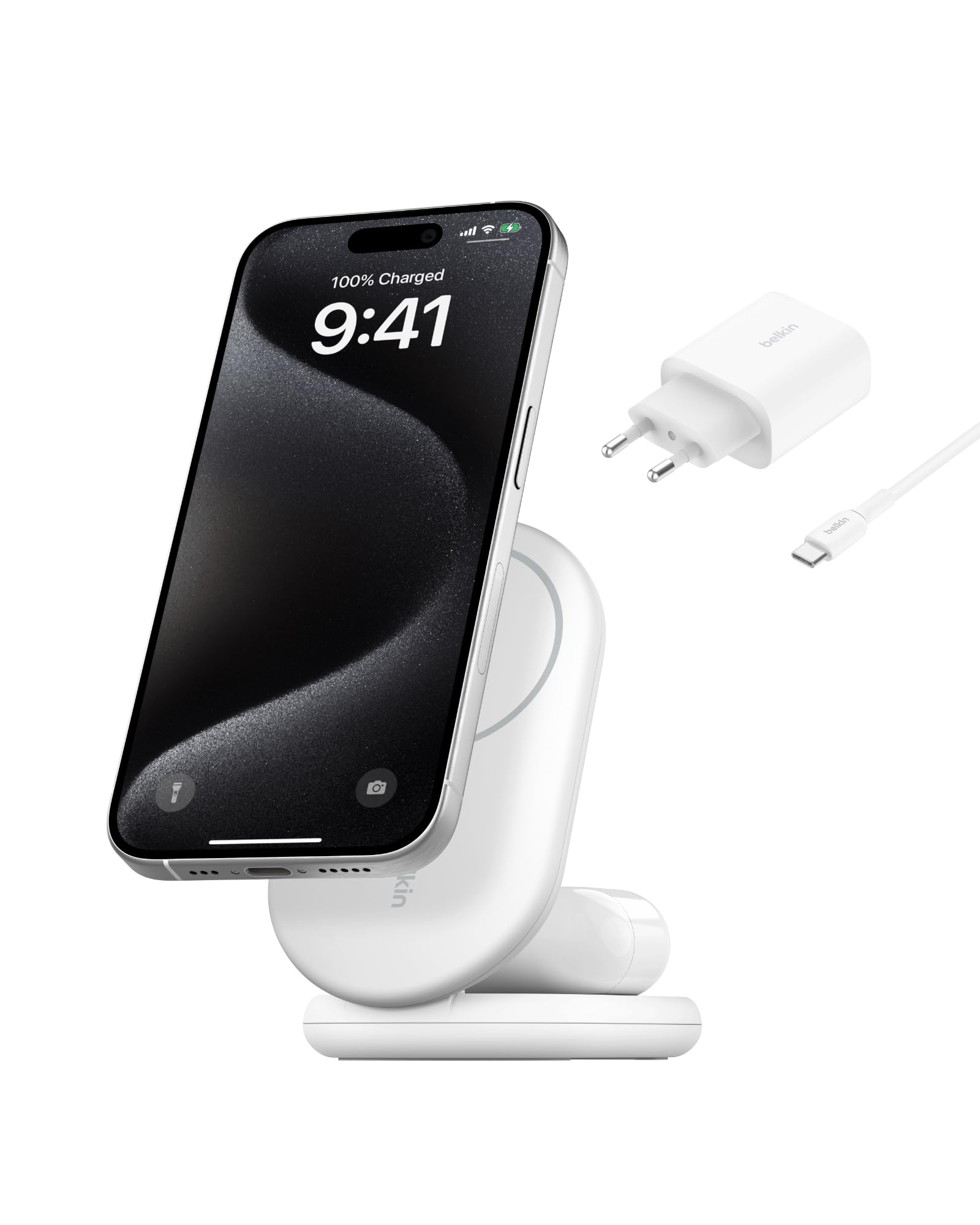 Belkin BoostCharge Caricabatteria magnetico pieghevole 2 in 1 con Qi2 15 W, caricatore wireless MagSafe, ricarica rapida per Apple iPhone 15/14/13/12, base antiscivolo, alimentatore incluso, bianco