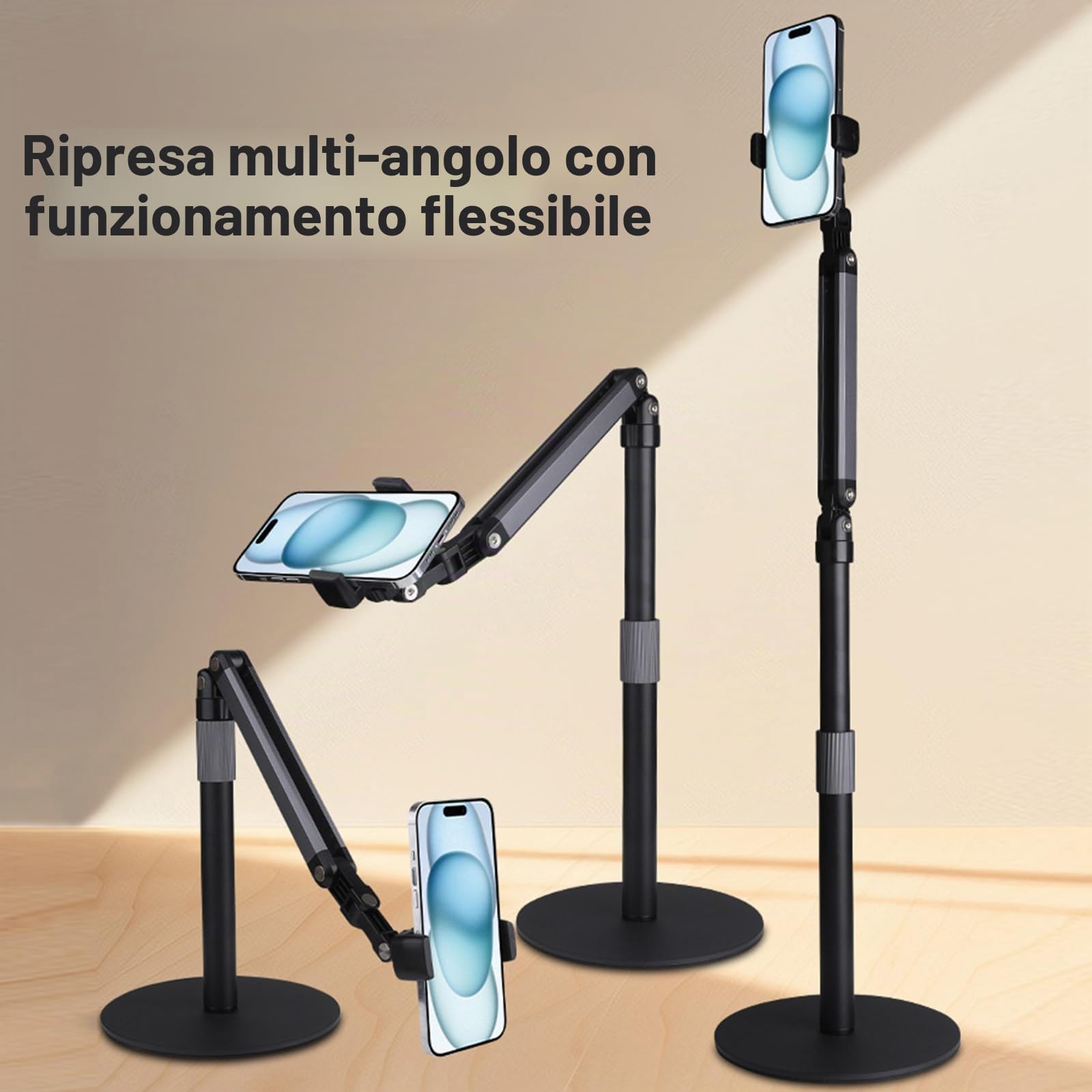 Supporto Telefono Regolabile 360°, Supporto Cellulare da Tavolo Compatibile iPhone/Samsung/Huawei per Riprese Zenitali, Live e Video Professionali