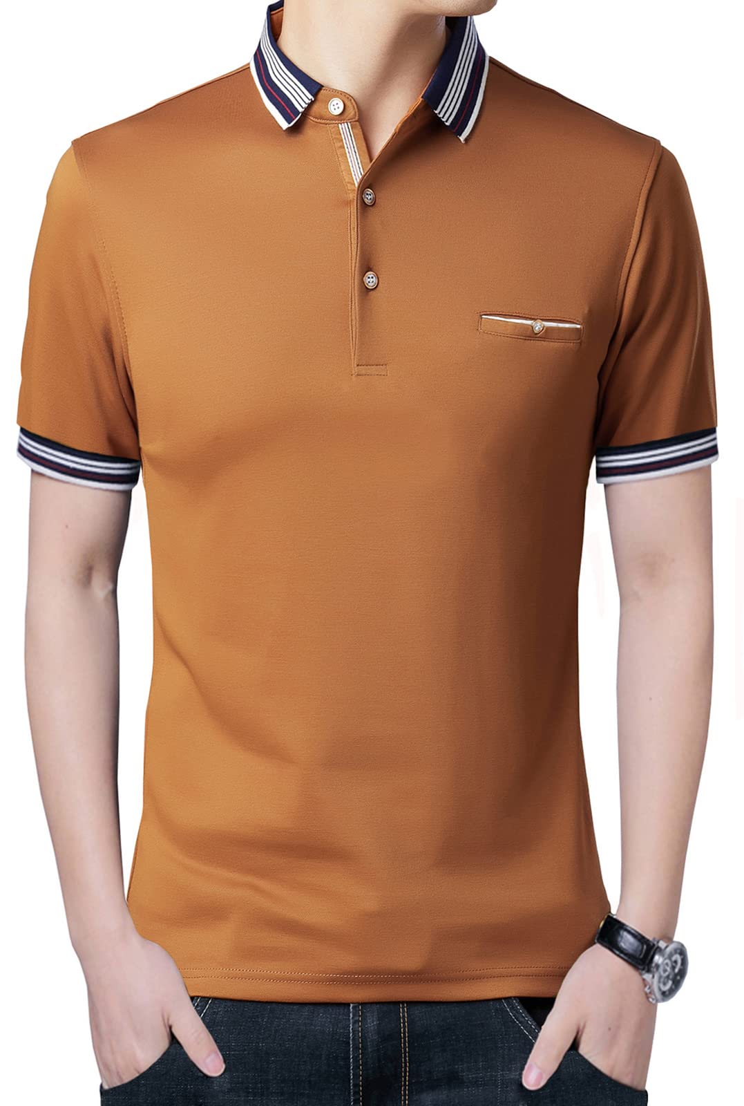 FRTCVMen's Slim Fit Polo Shirts Short Sleeve Cotton Golf T-Shirt US XL Light Brown 7189