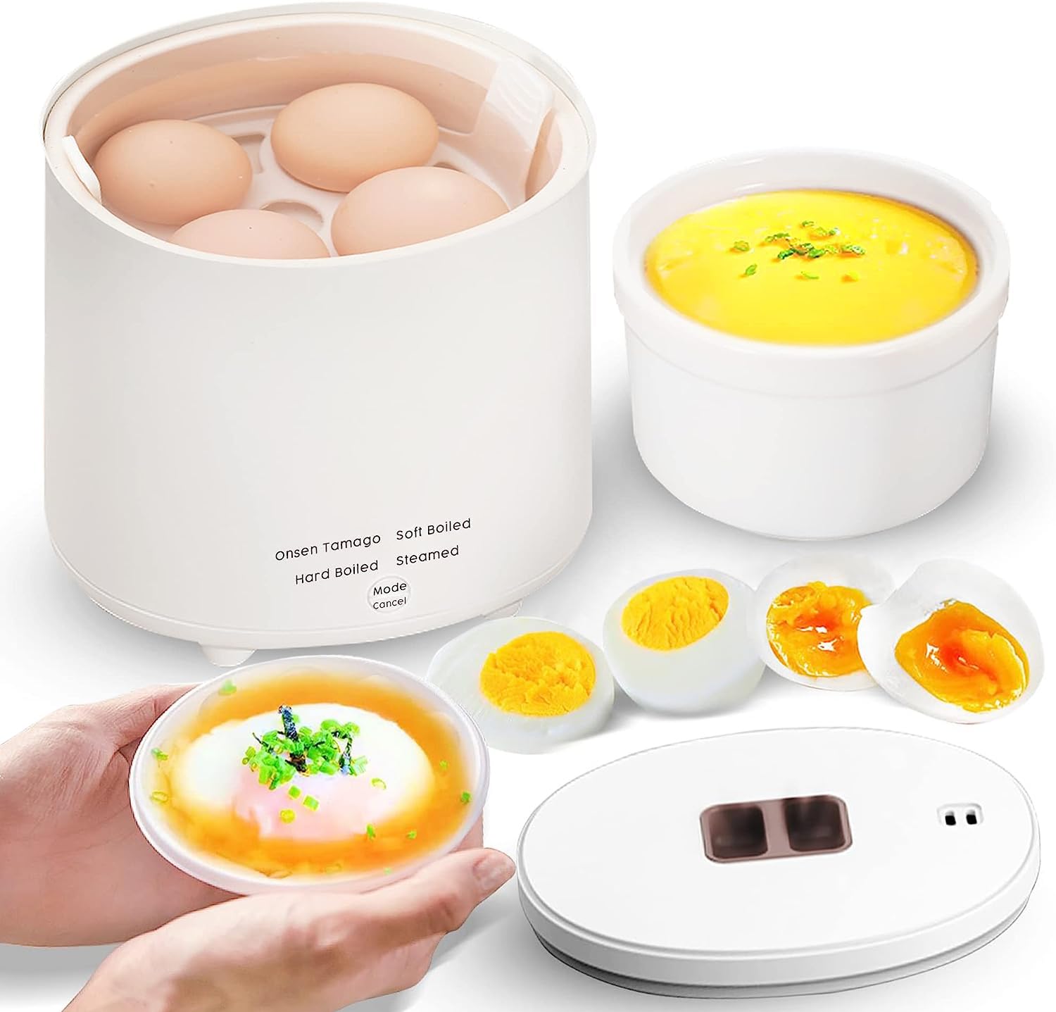 Angju Rapid Egg Cooker - 4 Egg Capacity Cooker for Steamed, Hard Boiled, Soft Boiled Eggs and Onsen - Electric Egg Boiler for Home Kitchen, Dorm Use - Smart Egg Maker with Auto Shut OFF and Alarm