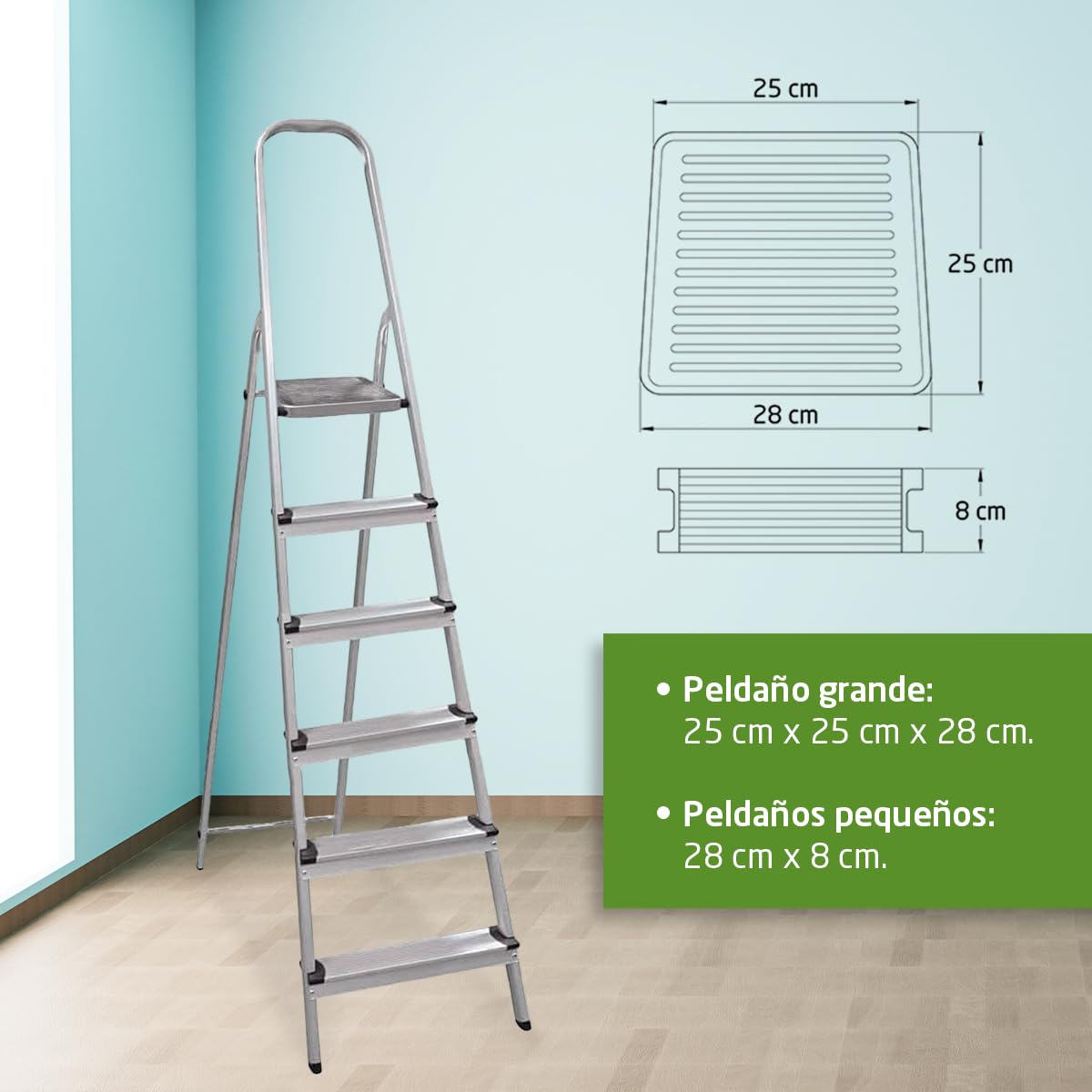 Amig - Escalera Plegable con 6 peldaños - Fabricada en Aluminio - Medida de Peldaños Pequeños:28x8cm - Medida de Peldaño Grande: 25x25x28 cm - Uso Doméstico - Carga Máxima 150 kg