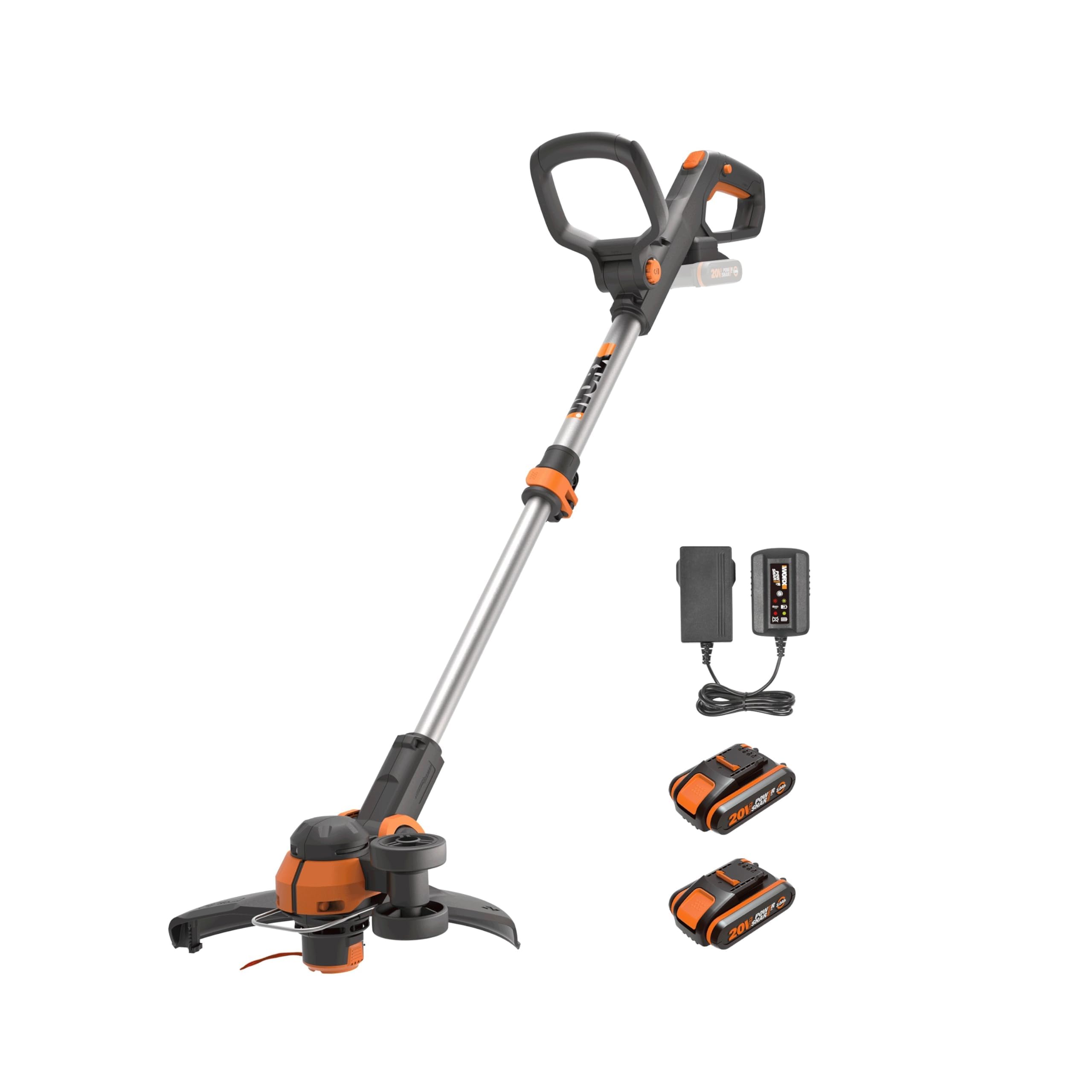 WORX Coupe-​Bordures 2 en 1 sans Fil 20V WG163E, se transforme en dresse-​Bordures, diamètre de 30cm , poignée amovible, Capot de Protection, Tête amovible, Livré avec deux Batteries 2Ah et Chargeur