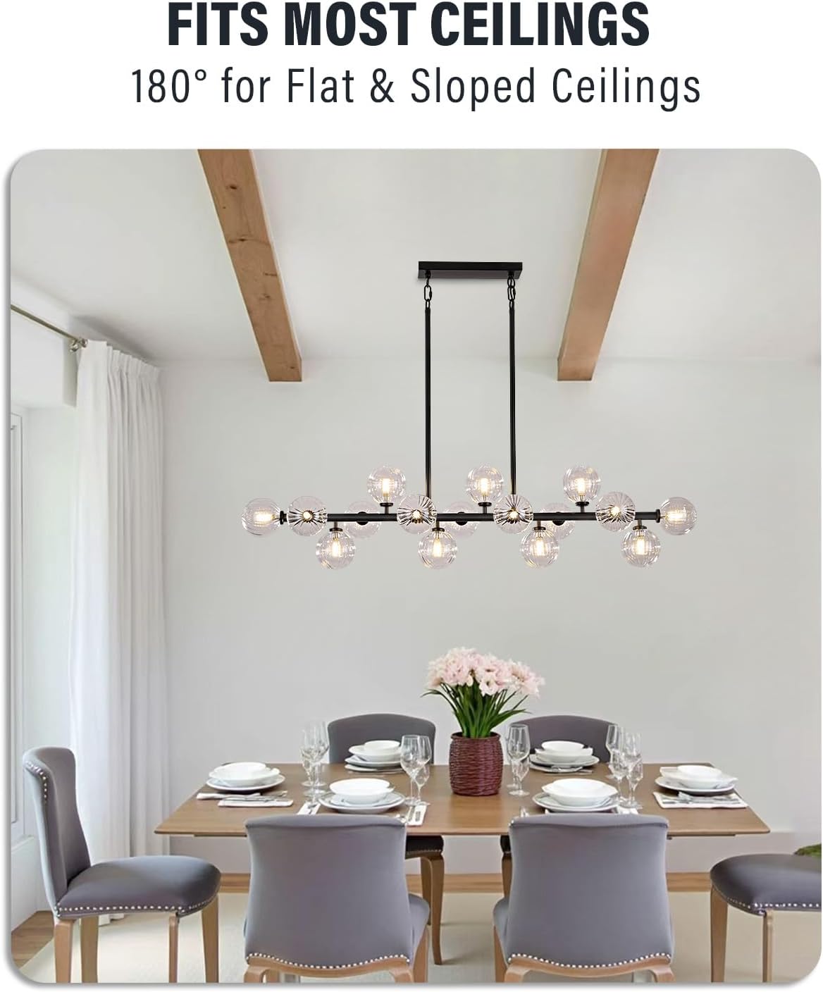 Large Linear Chandeliers for Dining Room Kitchen Island, 55" Long Light Fixture Over Table, 16-Light Modern Glass Globe Sputnik Farmhouse Chandelier, Black and Clear Bubble, GC-08