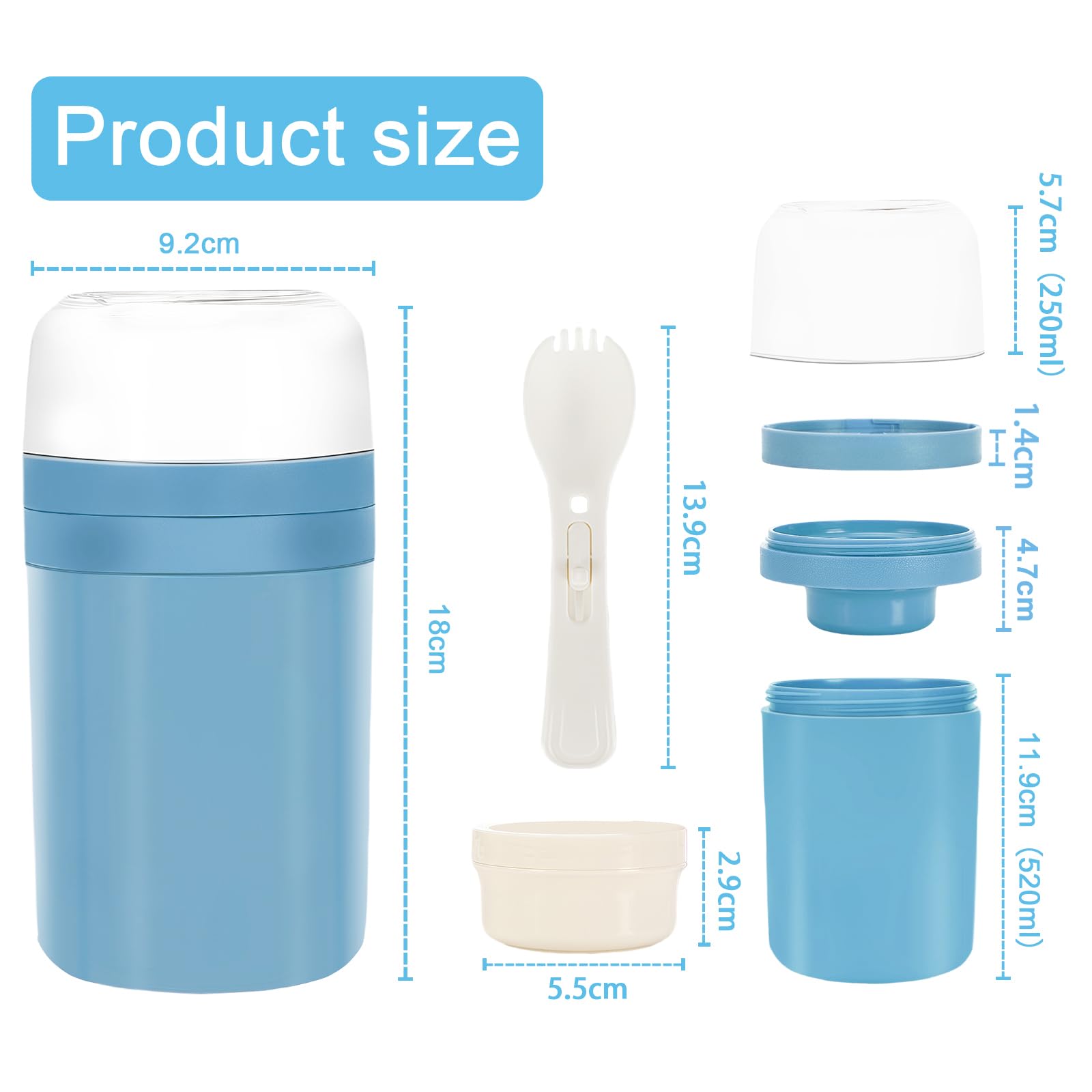 Zikenis 2 in1 Tazza Yogurt to Go,Tazze Cereali 520ML+250ML,Tazza per cereali to go per bambini,Tazza di cereali portatile,Bicchiere per yogurt a doppio strato,per la scuola (Blu)