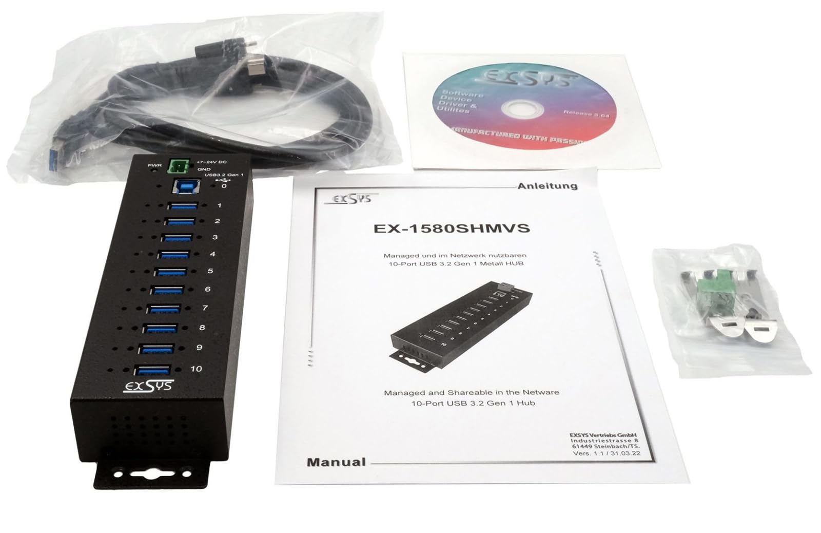 EXSYS EX-1580SHMVS Zarządzany, 10-portowy interfejs USB 3.2 Gen 1 metalowy HUB, ochrona 15 kV ESD