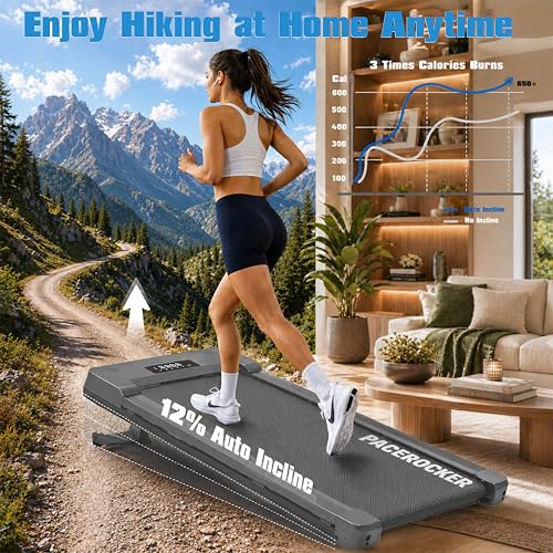 Image of PACEROCKER Walking Pad Treadmill for Home & Office, 9-Level 12% Auto Incline, 450 lbs Capacity, Built-in Bluetooth Speaker, Compact Under Desk Treadmill for Walking & Hiking