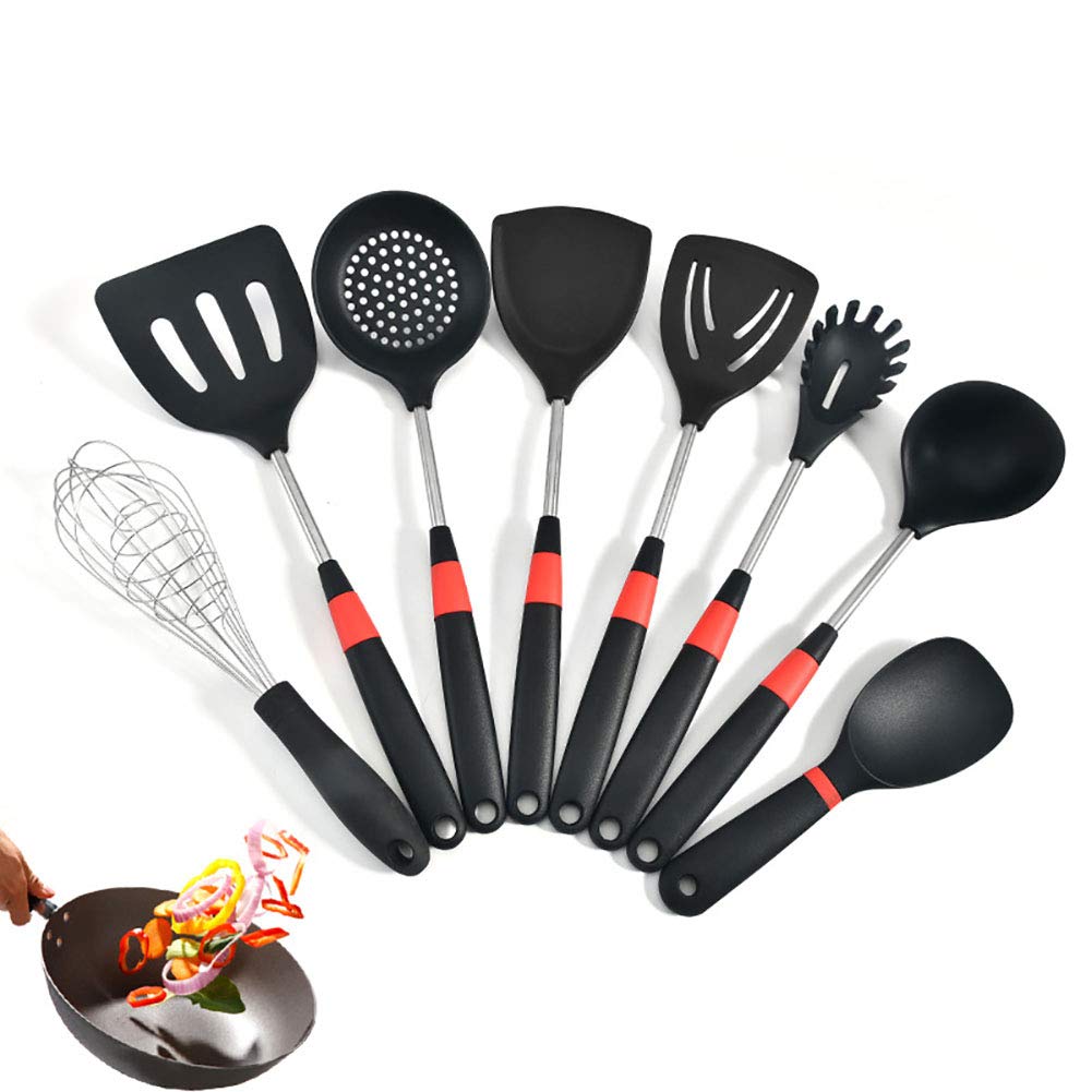KKLTDI 8 Pcs Stainless Steel Kitchen Utensil Set,stainless Steel Heat Resistant Non Toxic Silicone Cooking Utensils Set,with Spatula Tongs Serving Spoons Cooking Utensils Black 8 Pcs
