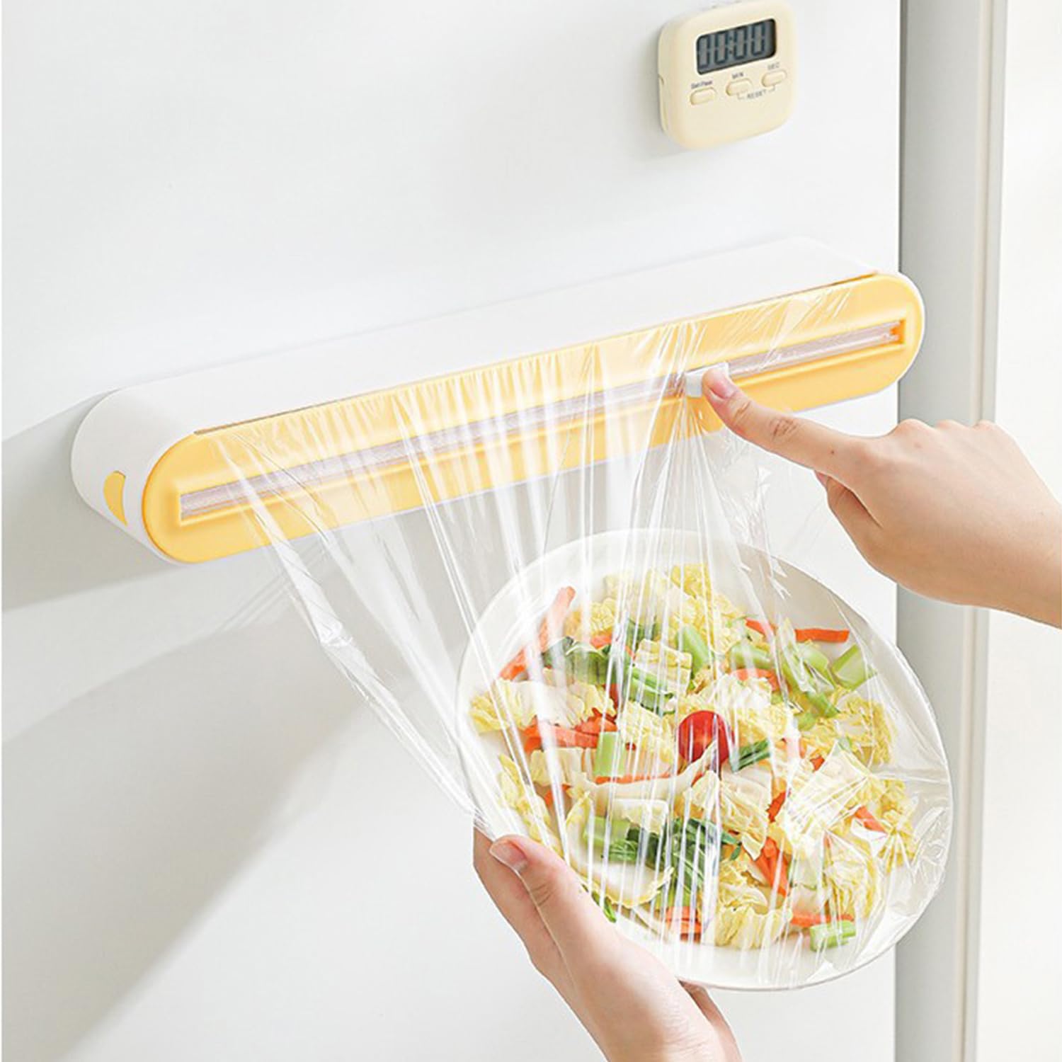 Magneétique Coupe Film Alimentaire - Élégant blanc et jauneDistributeur & Dérouleur Pour Papier Aluminium Et Film Alimentaire, Pratique Coupe Lisse Sans Perçage, Organisateur De Cuisine