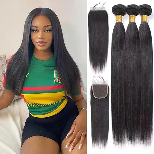 Miniatura 1 de 3 manojos de cabello humano lacio con cierre prearrancado con cabello de bebé, cabello humano virgen 10A brasileño lacio con cierre 14, 16, 18 +12,