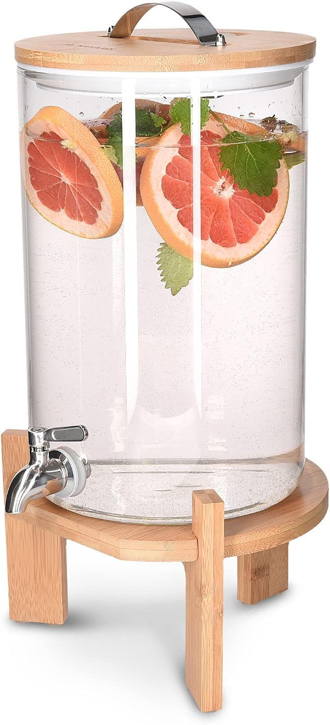 1CHASE Borosilicate Juice Dispenser 8 Litre with Spigot and Wooden Stand, Cold Glass Beverage Dispenser for Party, Large Lemonade Dispenser Jar with Spigot, Glass Water Dispenser (8L)