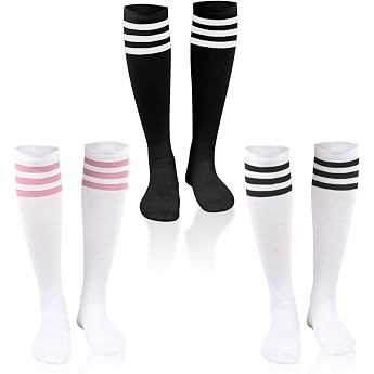 EUPSIIU 3 Pairs of Knee Socks Women's Striped Long Socks Compression Socks Football Socks Sports Socks Unisex Overknee Socks for Running Football Cheerleading Sports Multi-Colour