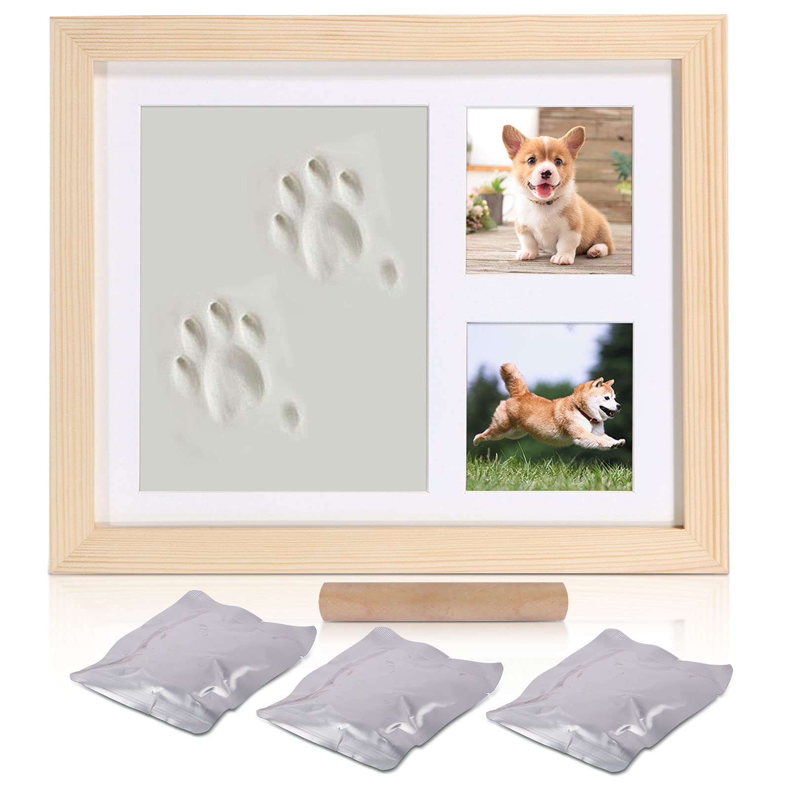 Cadre photo d'argile d'empreinte de main de bébé,Kits de moulage et d'empreintes, cadre en bois et verre acrylique, cadeau de kits de moulage et d'impression pour baptême de bébé(wood-2823)
