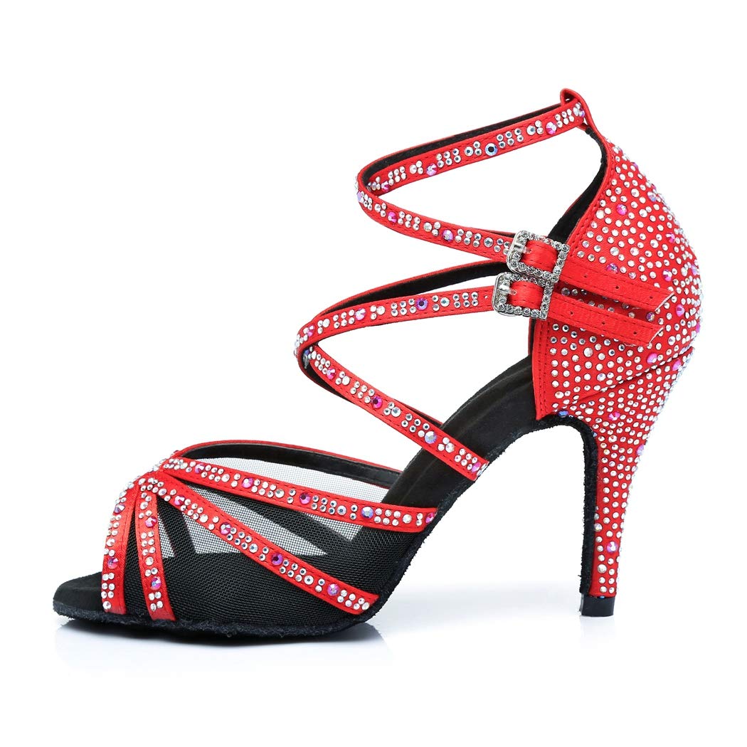 MGM-Joymod Women's Flared Heel Cross Strap Mesh Satin Studded Rhinestones Salsa Tango Ballroom Latin Modern Wedding Dance Shoes/Red 9 M US
