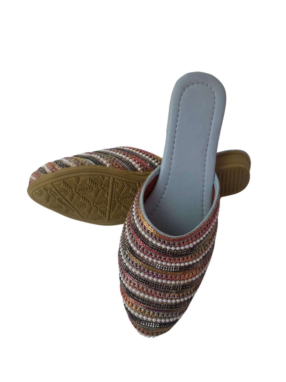 Traditional Handcrafted Women's Jutti Sandals with Multicolor Beaded Embroidery Pattern, Pearl and Sequin Details, Slip-on Flat Mules-image-10