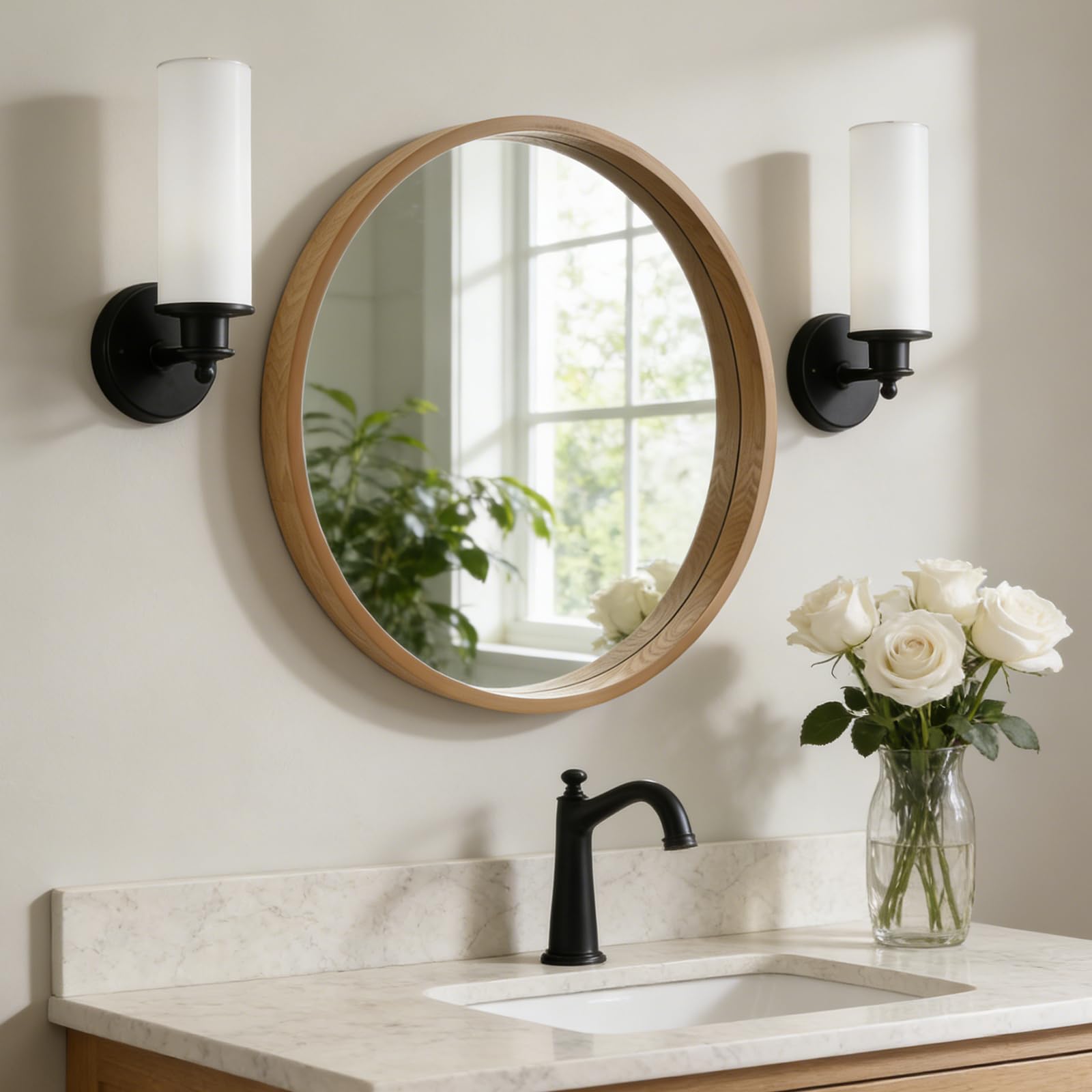 WallBeyond 24 Inch Natural Round Wood Mirror Circle Wooden Frame Wall Mirror for Bathroom Living Room Bedroom Entryway