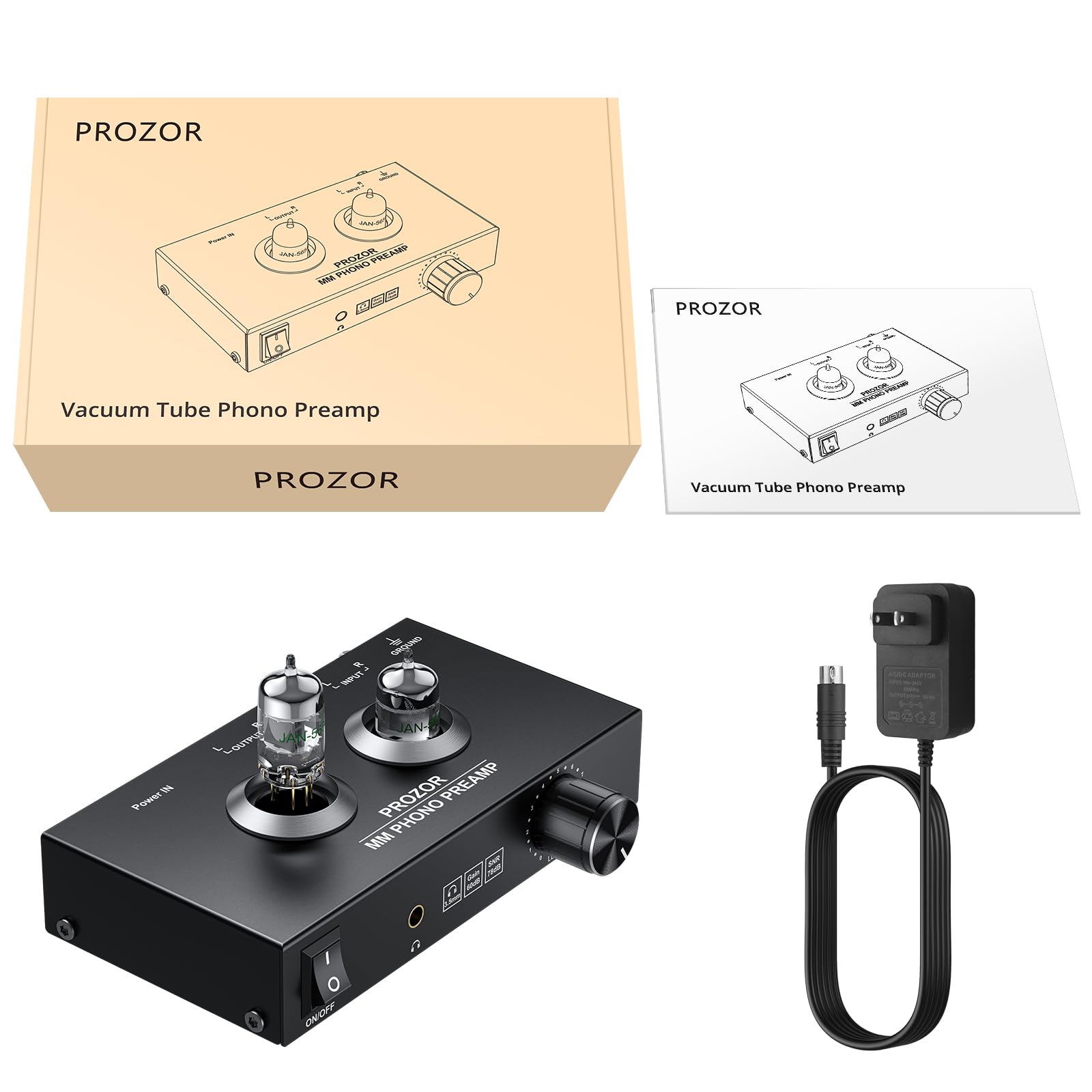 PROZOR Przedwzmacniacz gramofonowy Hi-Fi z lampami próżniowymi JAN 5654W, przedwzmacniacz audio, do gramofonów MM, wzmacniacz lampowy z regulacją głośności basów, obsługa wejścia RCA i wyjścia RCA 3,5
