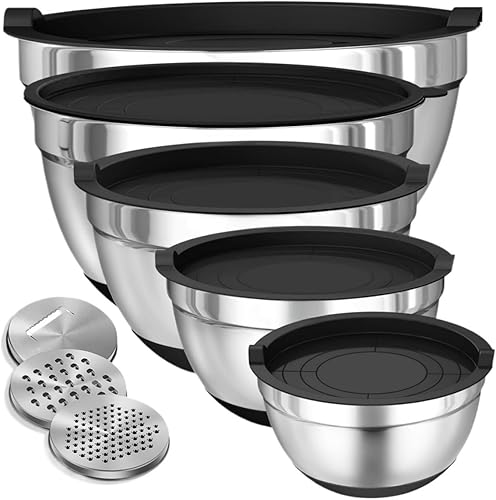 8 cuencos para mezclar con tapas herméticas, juego de cuencos de acero inoxidable, fondo antideslizante, cocina negra, hornear y servir