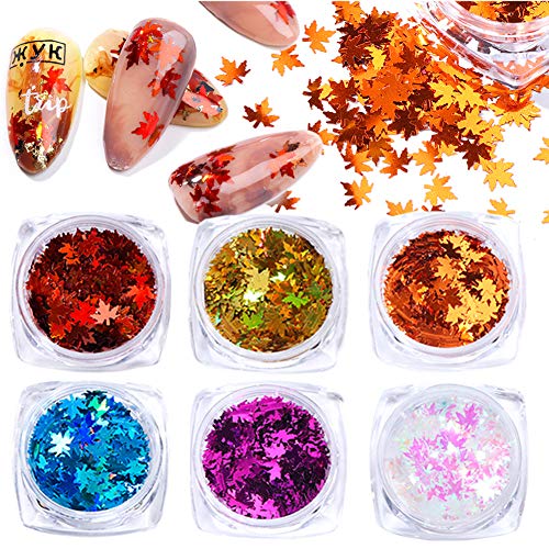 Nail Glitters 6 Colors Nail Art Stickers Maple Leaf Nail Sequins Fall Glitter Nail Art Accessories 3D Autumn Maple Leaves Glitter Flakes Acrylic Nails Design Sparkle Gel Nails Polish Supplies