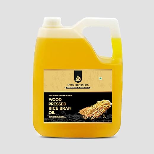 Shree Aanantam Cold Pressed Rice Bran Oil - 5 Litre | Bottle | Kolhu/Kacchi Ghani/Chekku | 100% Pure & Natural | Chemical-Free | Wood Pressed Rice Bran Oil for Cooking (5L (Pack of 1))