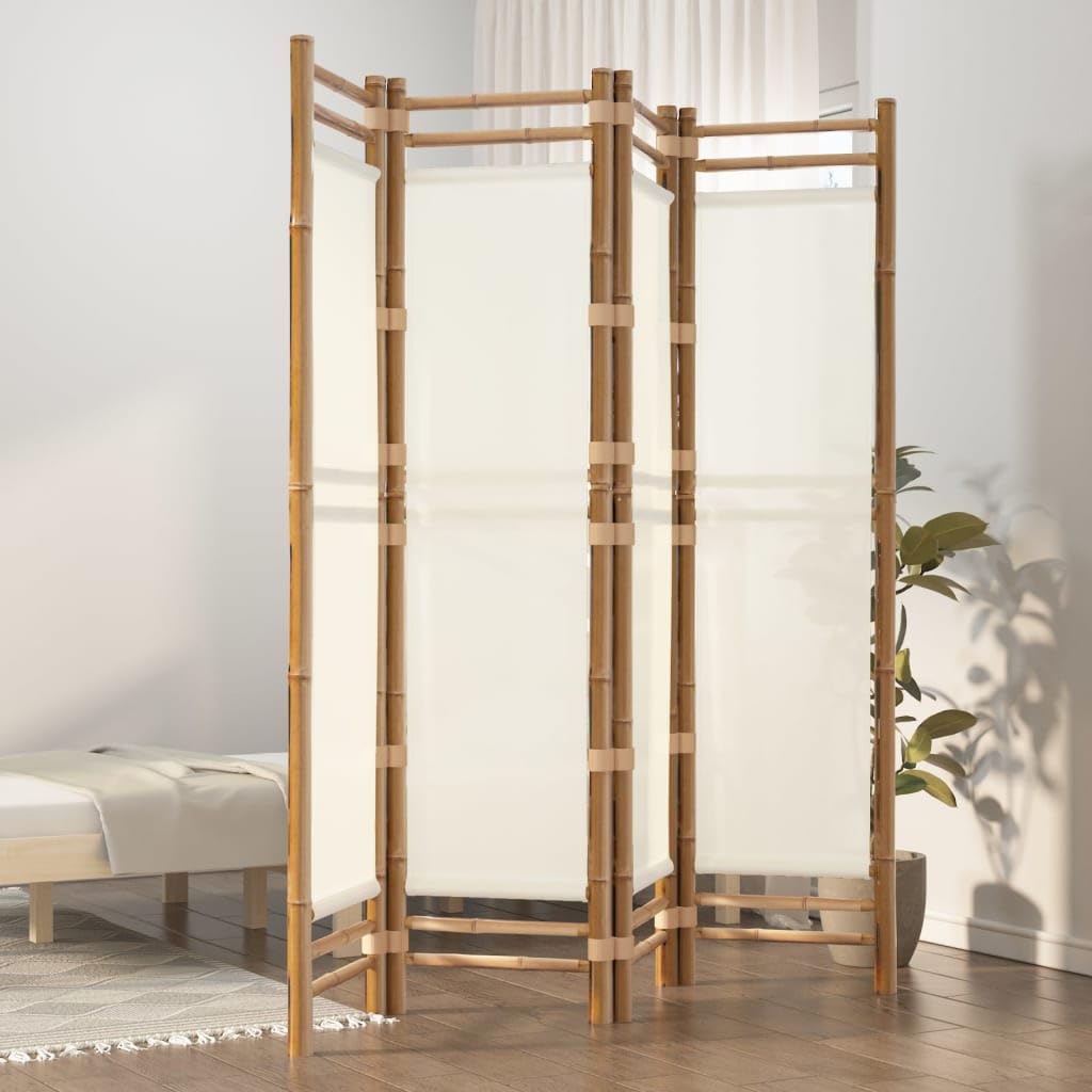 Folding 4-Panel Room Divider, 160x180 cm Bamboo and Canvas Privacy Screen, Freestanding Partition for Living Room, Office, Bedroom, Cream White