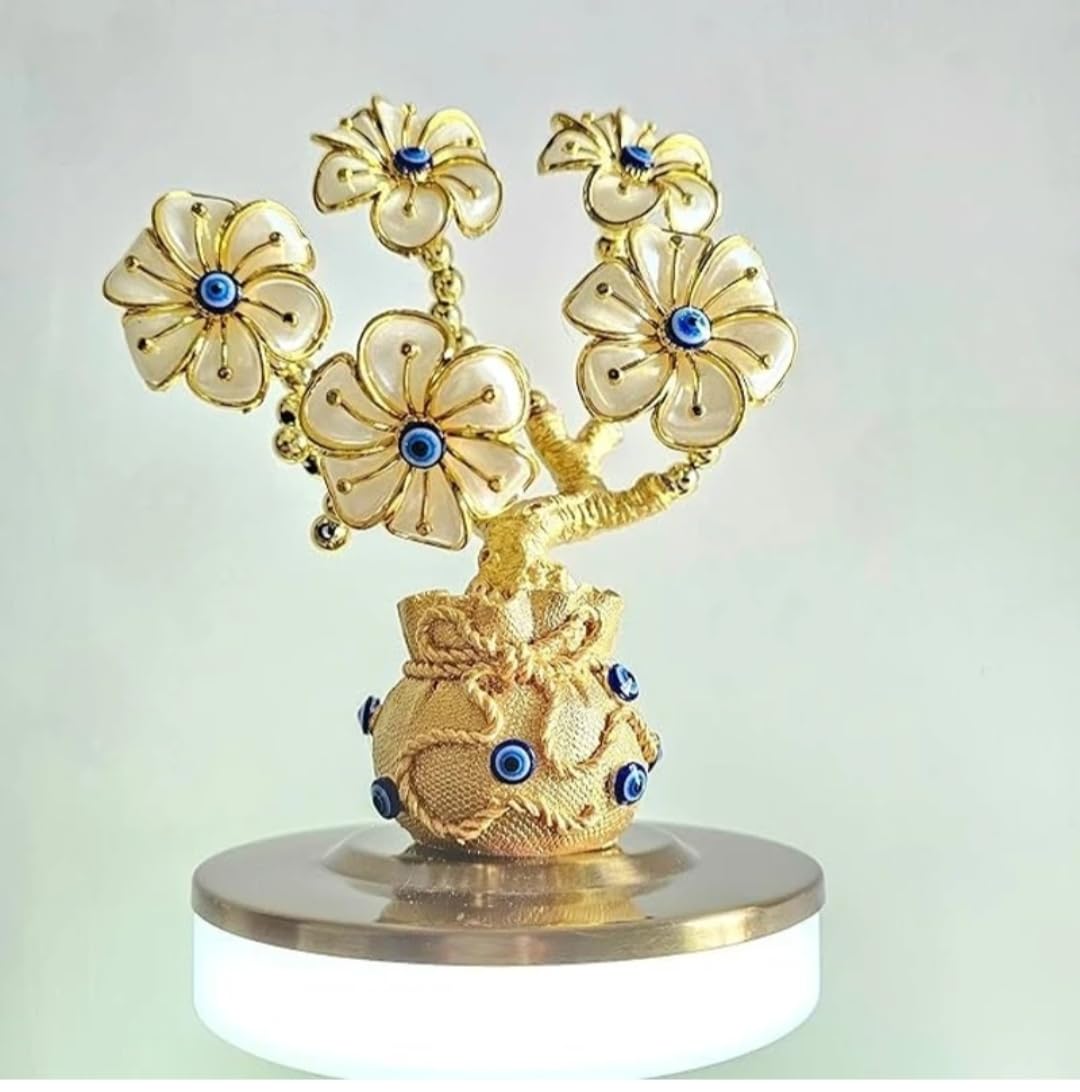 Gold Plated Evil Eye Flower Vase Decorative Piece, Metal Base Stand, Blue Crystal Accents, Home Decor Showpiece-image-41