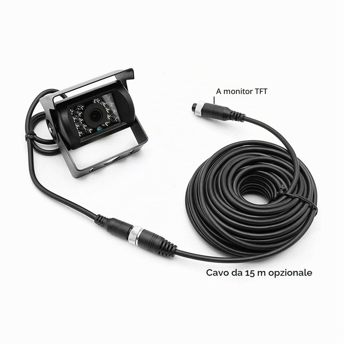 Telecamera Retromarcia per Auto，4Pin 12V-24V 2×18LED Visione Notturna Telecamera di Retromarcia Impermeabile Infrarossi Con 15M cavo + 7‘’ LCD TFT HD Monitor per Camper/Camionr/Imorchi/Autobus