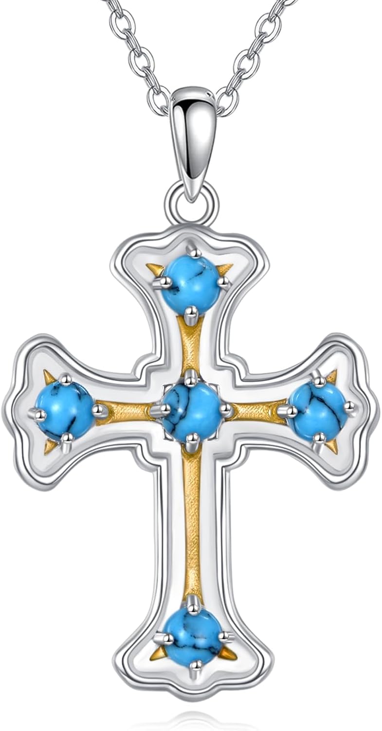 Turquoise Cross Necklace For Women 925 Sterling Silver Christian Religious Cross Pendant Boho Native America Western Jewelry Gift For Christmas Birthday