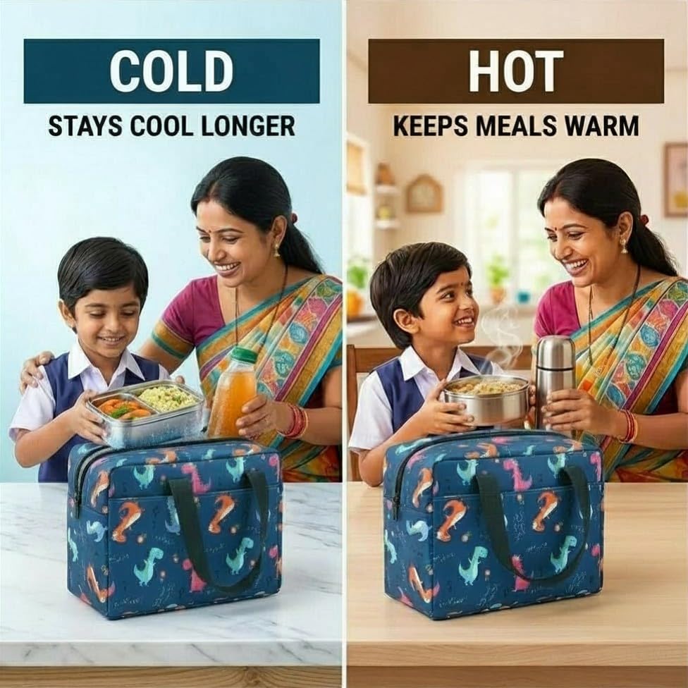 Image of Toy Imagine 5.6L Insulated Lunch Bag for Kids School Cute Cartoon Print Tiffin Bag Snack Tote Bag Compact Portable Leak Proof Tiffin Pouch Hot and Cold Lunch Box Bag for Boys & Girls (Dinosaur Design Blue)