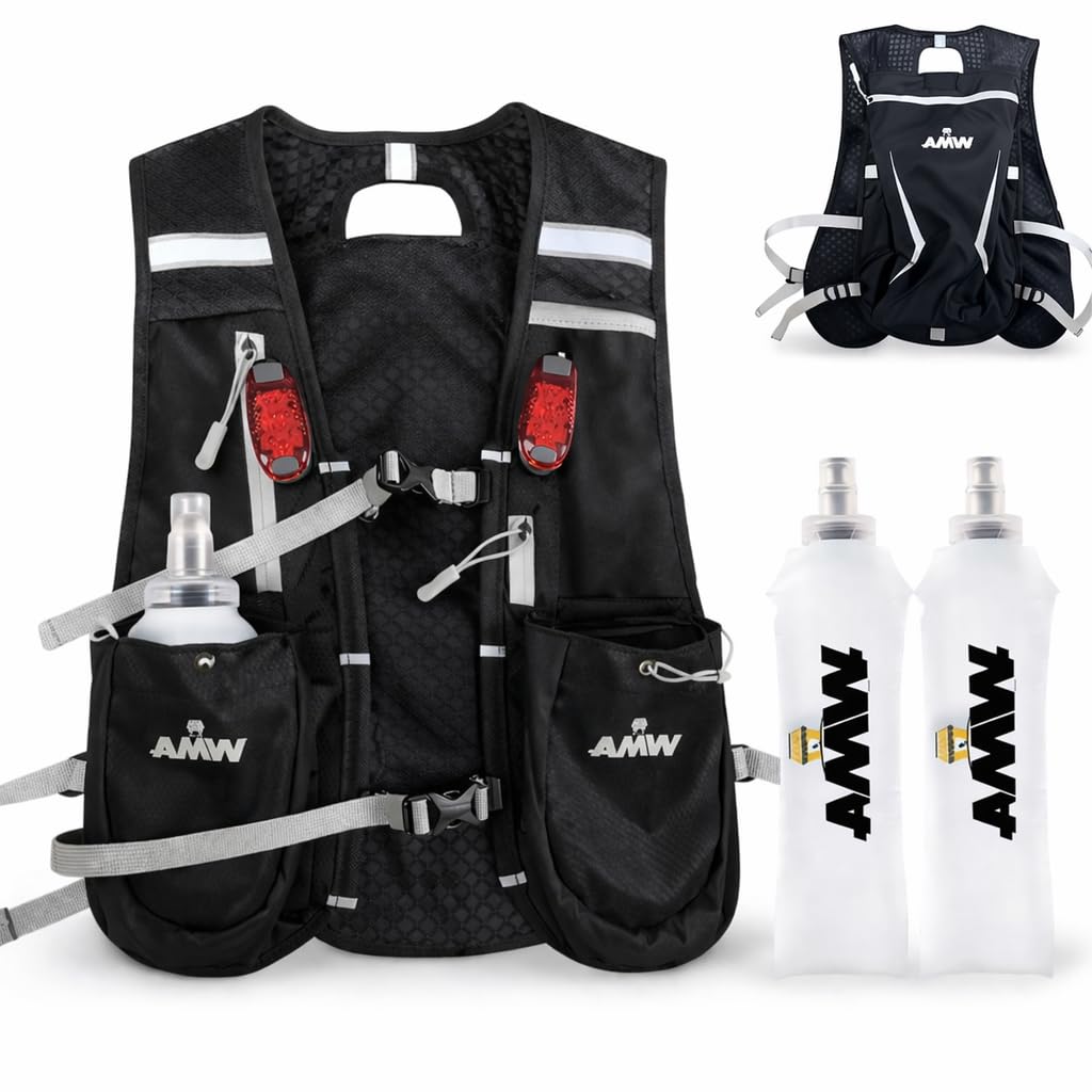 AWM Running Hydration Vest for Men & Women, Adjustable Lightweight Breathable Running Backpack with Dual Water Bladders, Reflective Design with LED Safety Lights, Multiple Pockets & Phone Holder