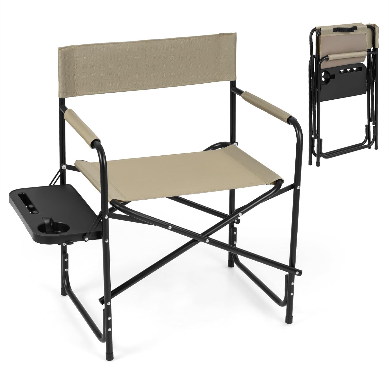 COSTWAY Folding Directors Chair, Oversized Camping Chairs with Side Table and Cup Holder, Outdoor Heavy Duty Beach Chair for Lawn Picnic Hiking Fishing (Brown, 79 x 50 x 81cm, no Storage Pocket)