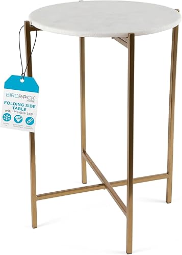 BIRDROCK HOME Mesa auxiliar plegable con parte superior de mármol, mesita de noche plegable de metal, solo para uso en interiores, bandeja para