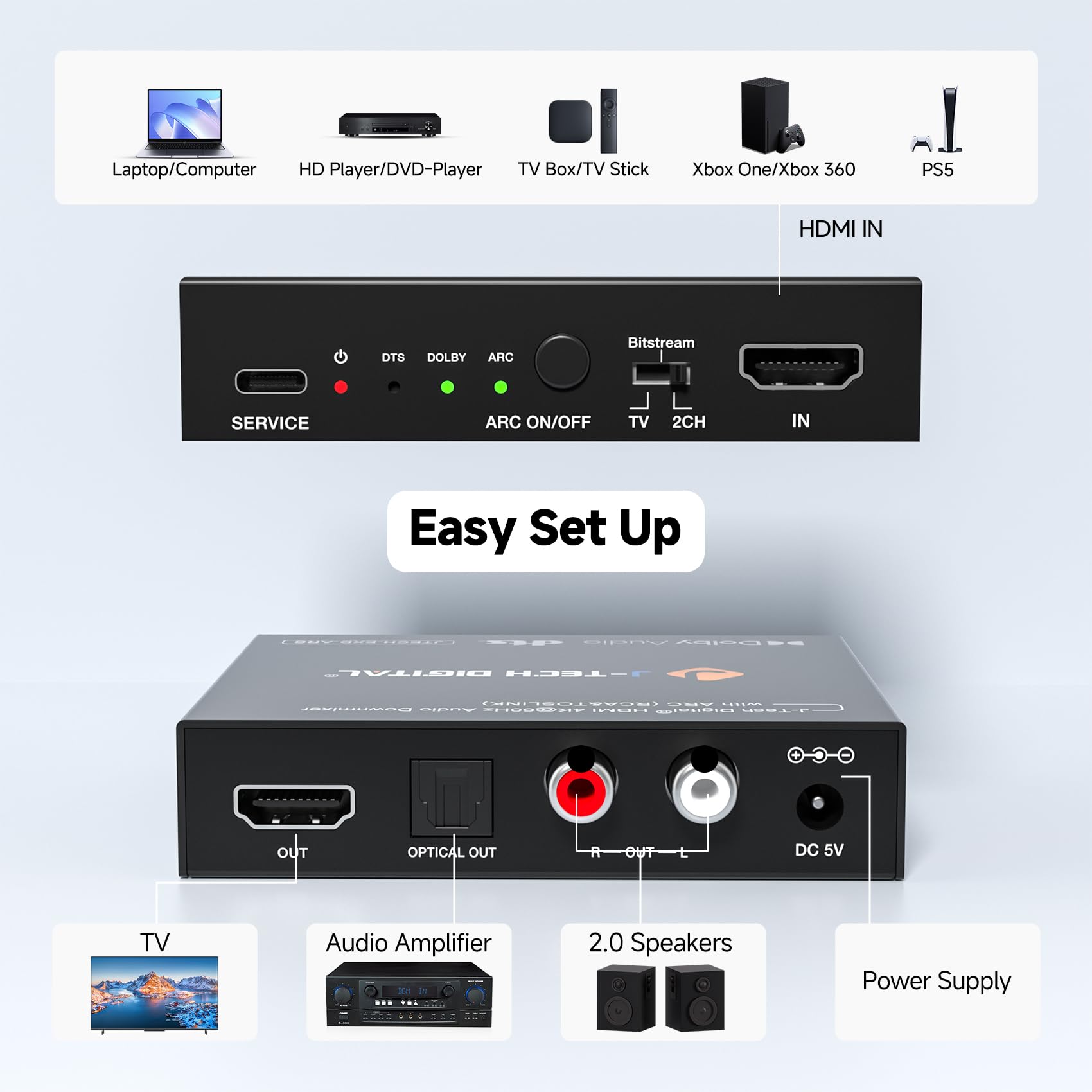 J-Tech Digital Estrattore audio HDMI 4K 60Hz con ARC e audio Downmix, convertitore da HDMI a ottico e RCA, HDCP 2.2 DTS Digital 5.1 PCM (JTECH-EXD-ARC)