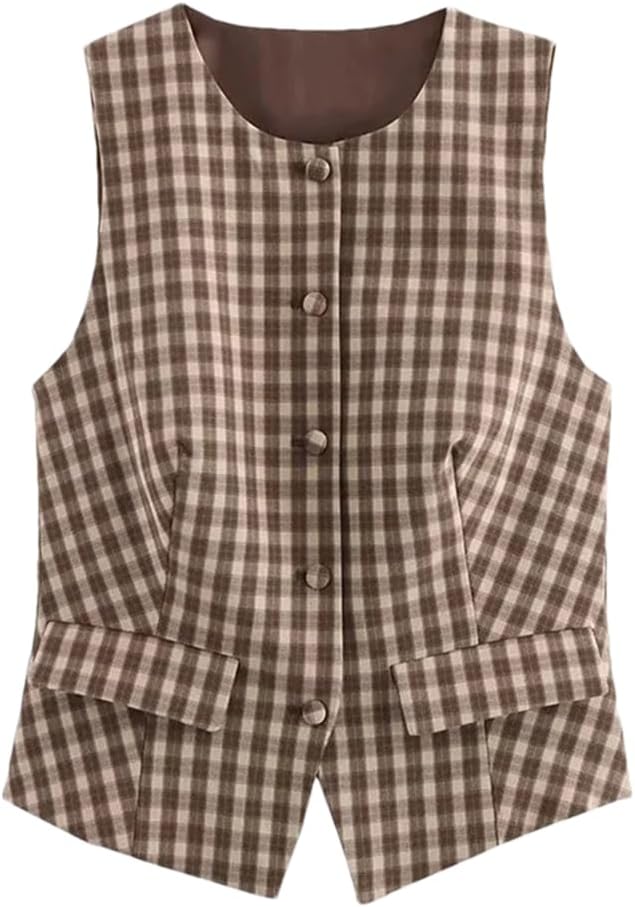 Women's Office Plaid Suit Single Breasted Sleeveless Blazer Zipper Straight Shorts