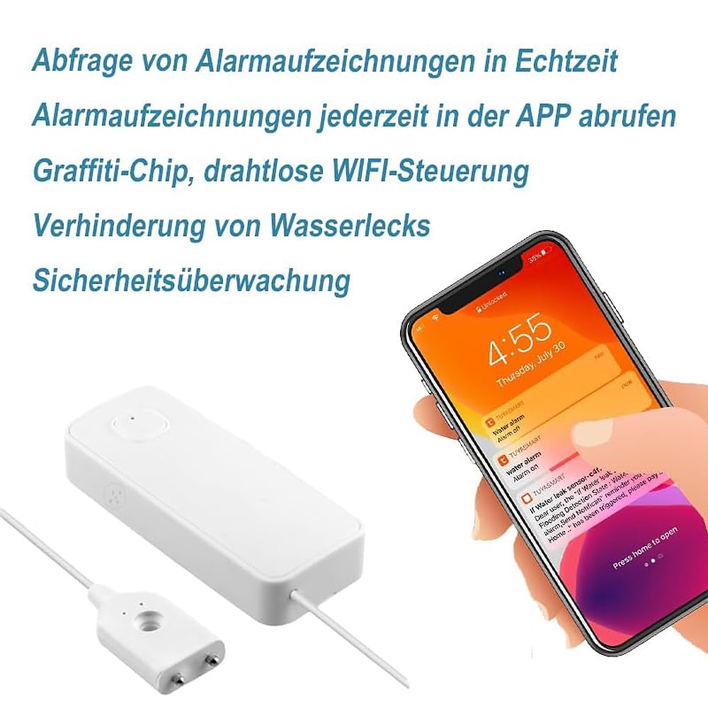 Sensore di perdita d'acqua WiFi, sensore d'acqua da 80 dB, allarme pompa di palude, app TUYA, monitoraggio remoto gratuito per perdite d'acqua, SMS e notifica telefonica può essere attivato