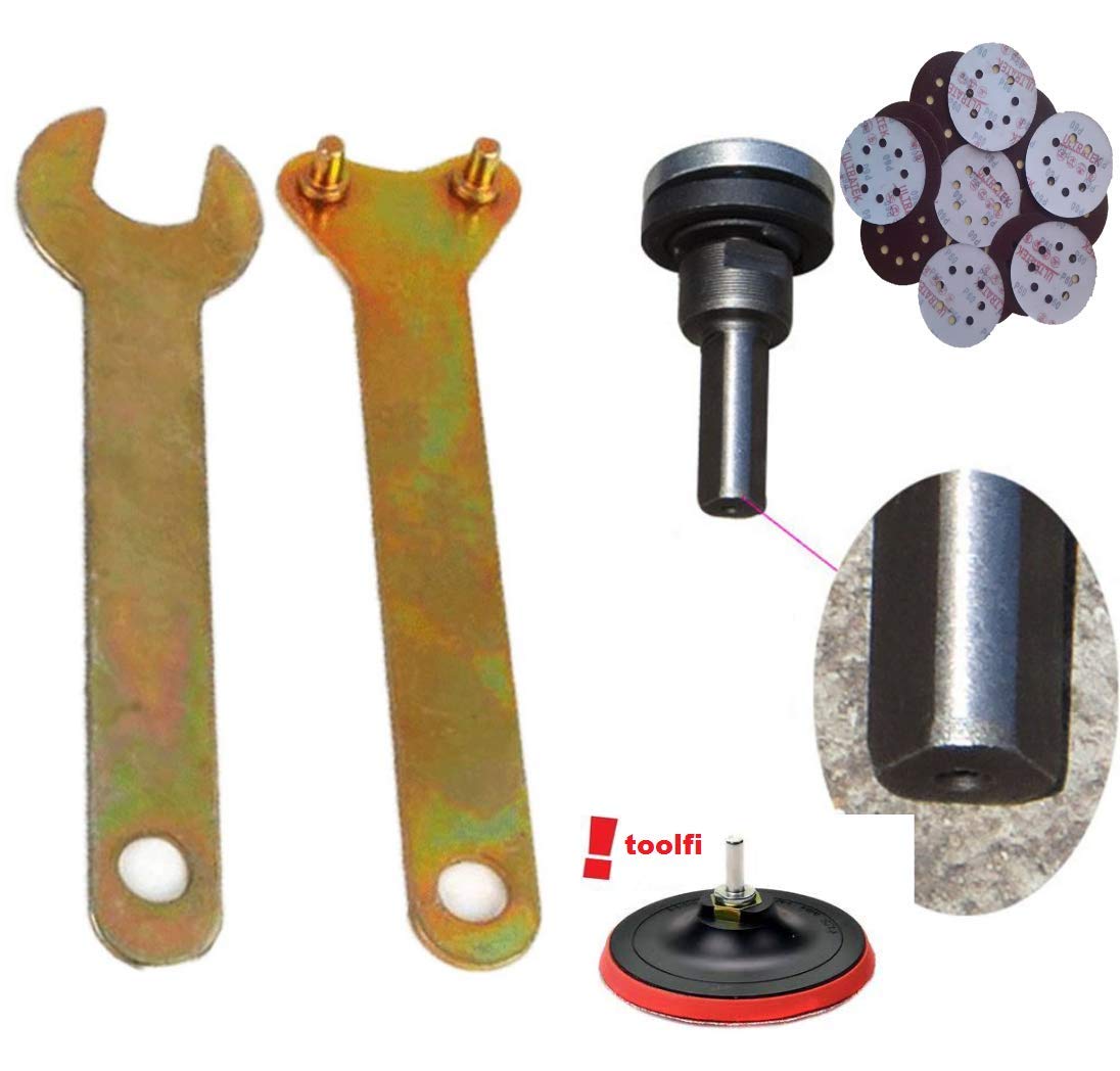 toolfiSanding Disc 5-Inch with Lock Nut and 5 Pieces Sandpaper for Grinder/Drill and 10mm Shank Arbor Mandrel Drill Angle Adapter for Grinder Cut Off Wheels Discin