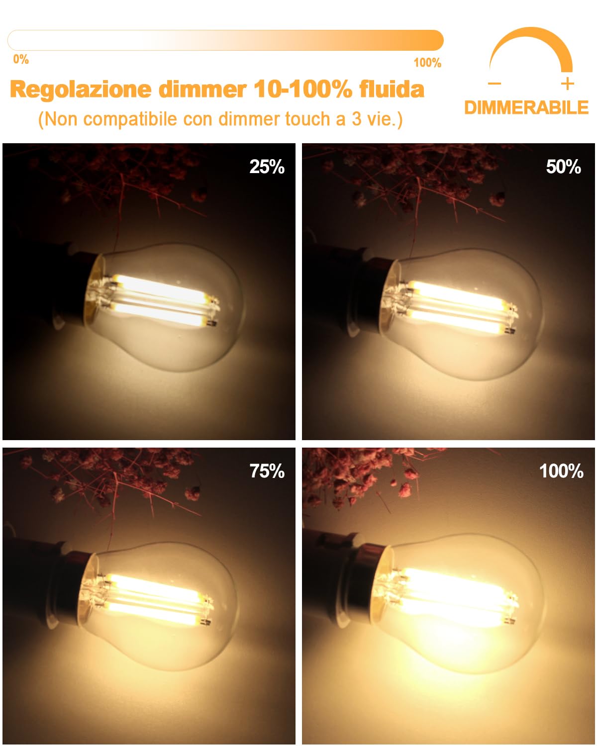 BRIMAX LED E27 Dimmerabile Lampadina G45, Bianco Caldo 2700K 4W | 10 pezzi, 400 lumen, AC220-240V, vetro trasparente, per lampadari, plafoniere, lampade da tavolo, soggiorno, sala da pranzo