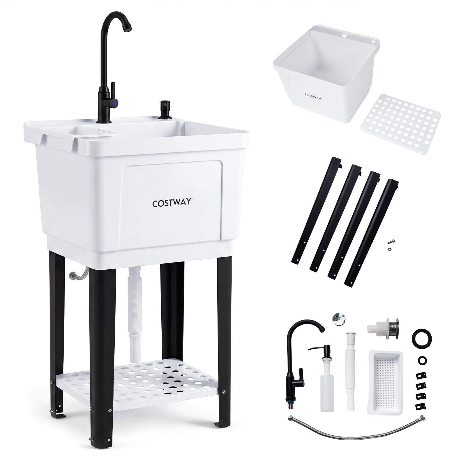 COSTWAY Ausgussbecken, Waschbecken mit Ablage, Abtropff & 360° Wasserhahn, inkl. Abflussgarnitur, Spülbecken für Garage Garten Waschküche, Küchenspüle aus Kunststoff Metall, 50,5 x 48 x 120,5 cm, Weiß