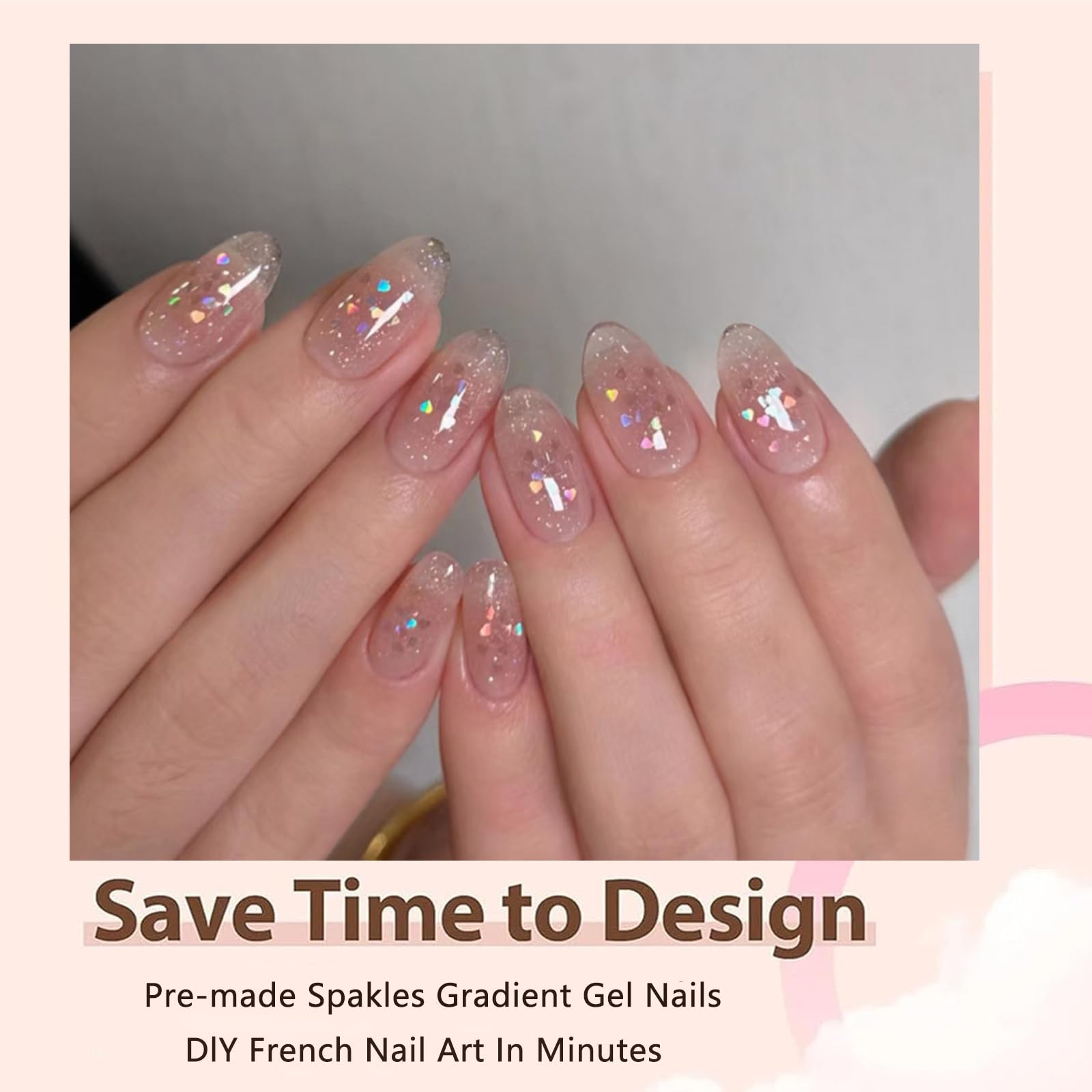 24Pcs Pink False Nails Short, Short Almond Press on Nails, Pink Press on Nails with Sparkles - Image 4