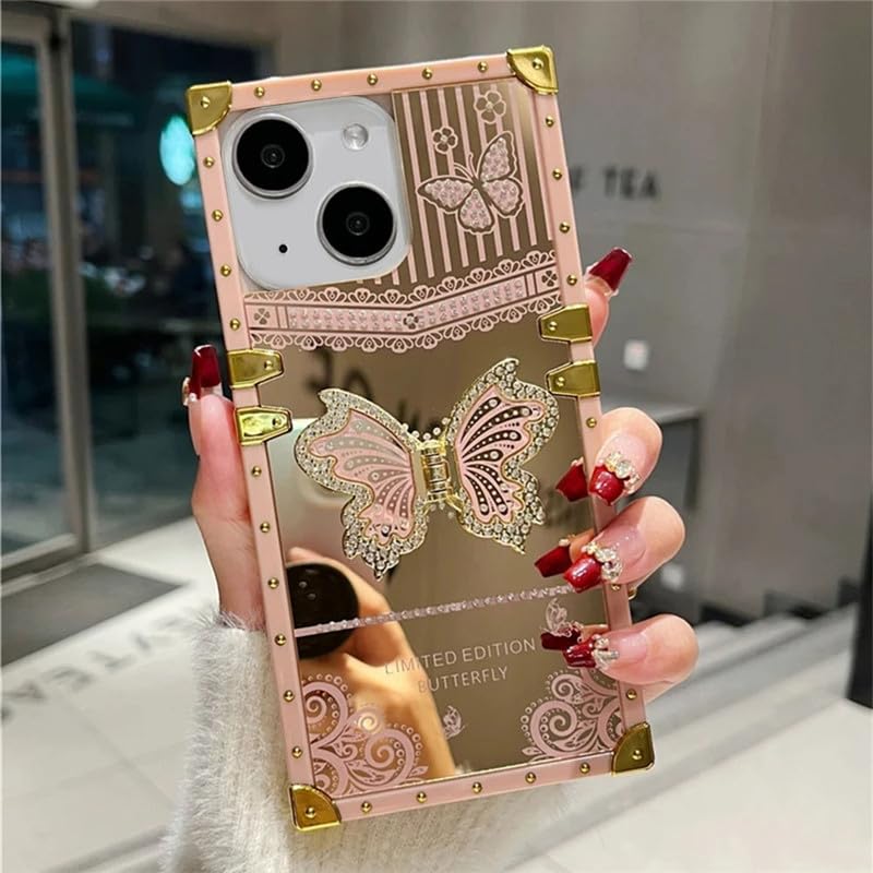 LuxuryKase Premium Bling Butterfly Mirror Finish Shockproof Designer Case for iPhone 14 Plus with Metal Corners & Elegant Studded Frame | Stylish Protective Cover - Rose Gold