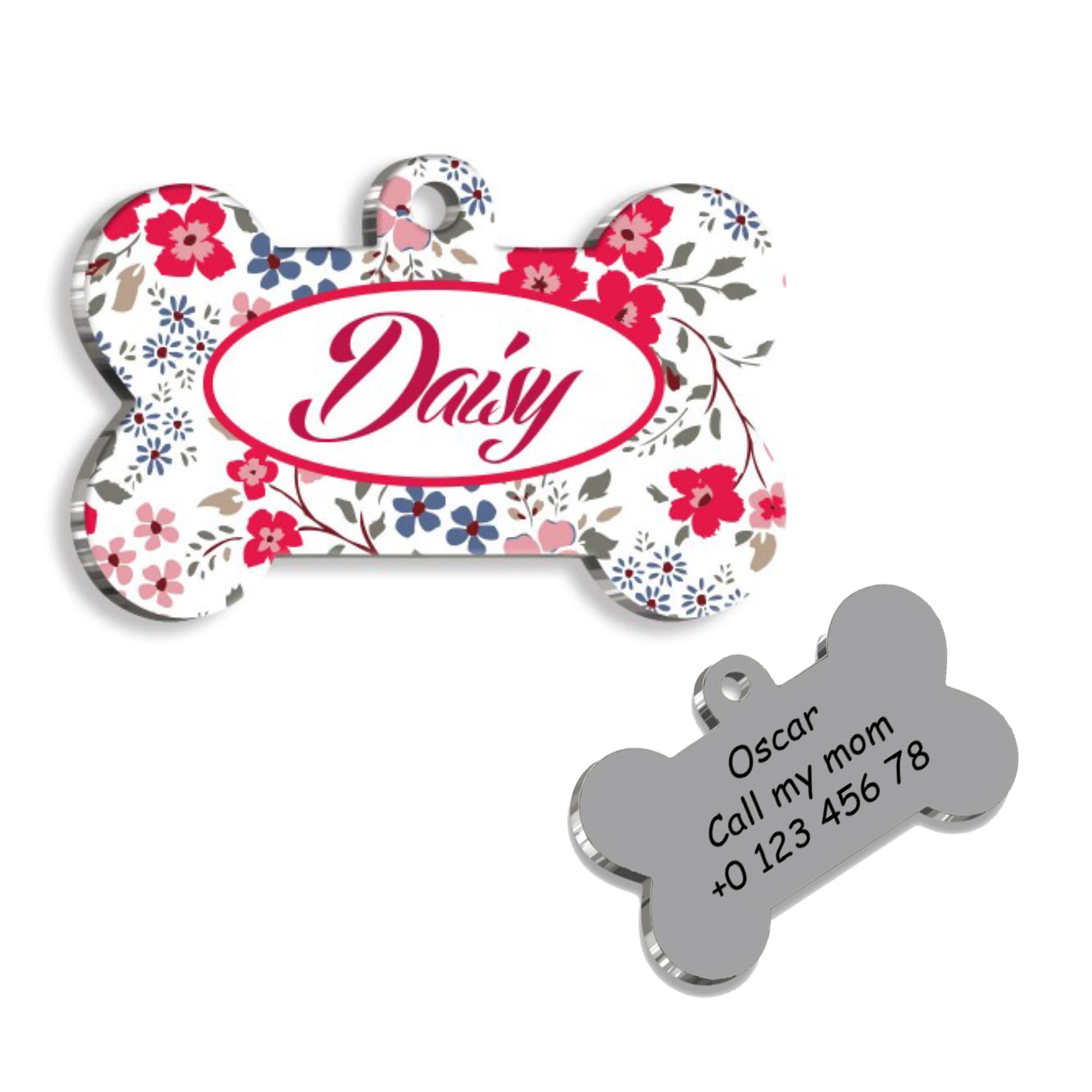 Flowers Bone Personalized Dog Tag - Custom Name Tag - ID Tag for Dog & Cat - Customized Pet Tags - Dog Name Tag - Cat Name Tag - Engraved Dog Tag