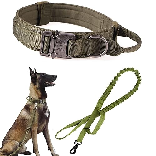 Xqpetlihai Tactical Dog Collar and Leash Set Adjustable Military Nylon Dog Collar with Control Handle and Heavy Duty Metal Buckle for Large Dogs（Green XL - X-Large (Pack of 1) - Green SET(collar+leash)