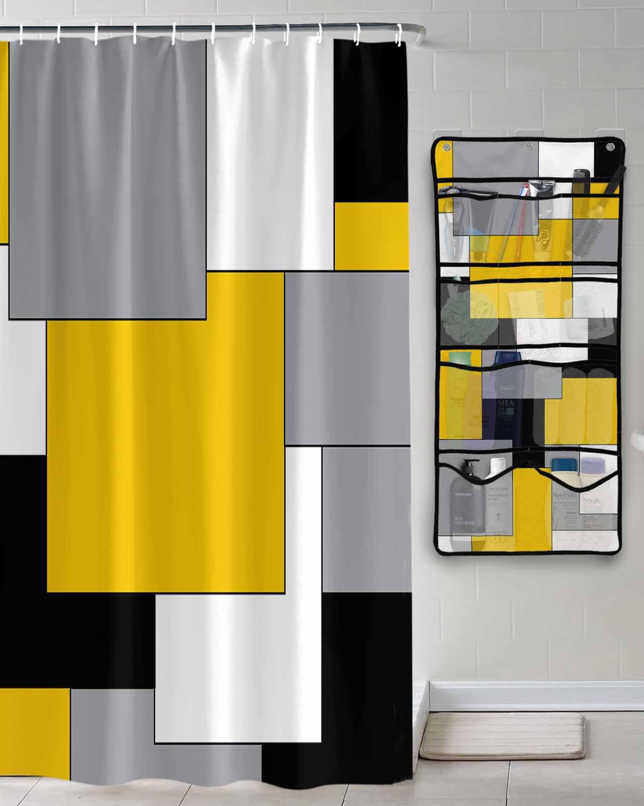 Shower Curtain Mesh Shower Organizer Hanging Set Abstract Art Patchwork Black and Yellow Waterproof Shower Curtains with 10