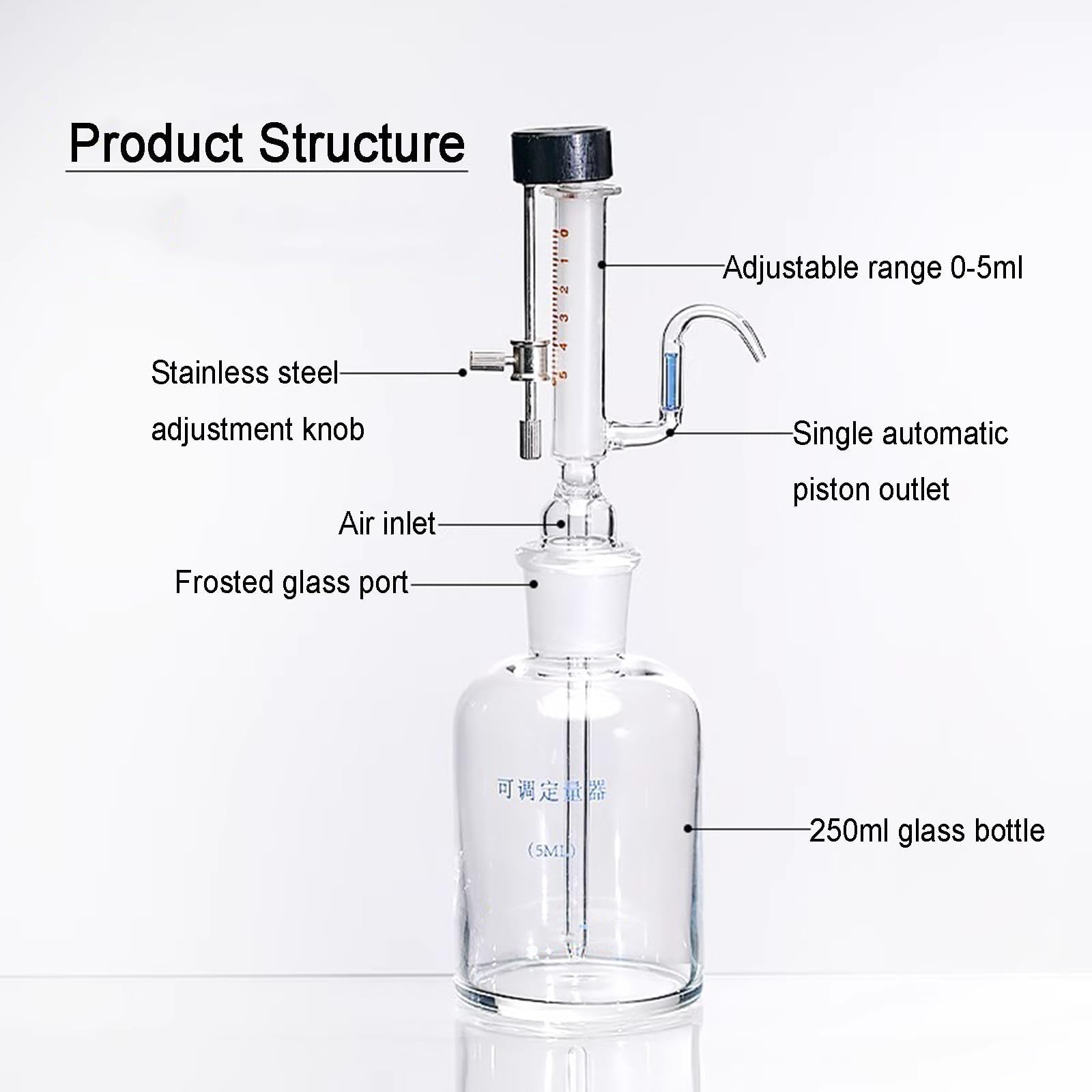 Dispensador De Líquido Micro Ajustable De 1/5ml, Botella De Pipeta De Vidrio De Laboratorio, Botón De Ajuste De Acero Inoxidable, Fondo Redondo De La Botella, No Fácil De Inclinar