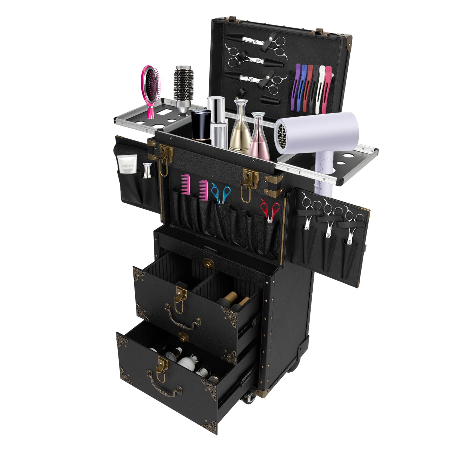 Gosangom Rolling Locking Cosmetic Case, Hairdressing Trolley, Hairdressing Travel Case with Wheels, Stylist Beauty Salon Cosmetic Luggage, Hairdresser Hairdressing Trolley with Hairdryer Holder