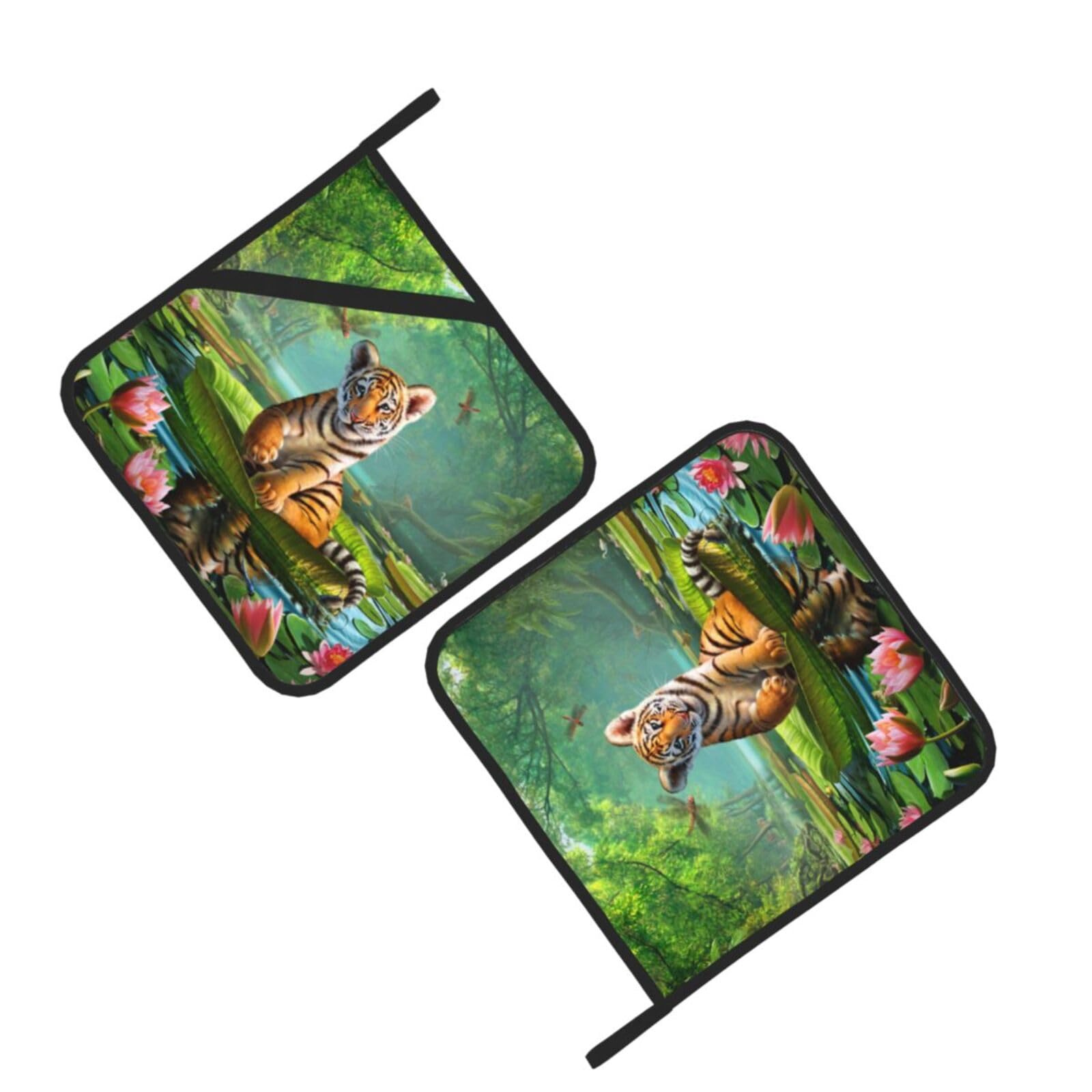 Tiger and Lotus Flowers Printed Oven Pot Holders Set of 2 Pcs Heat Resistant Kitchen Microwave Potholders for Cooking Baking Grilling